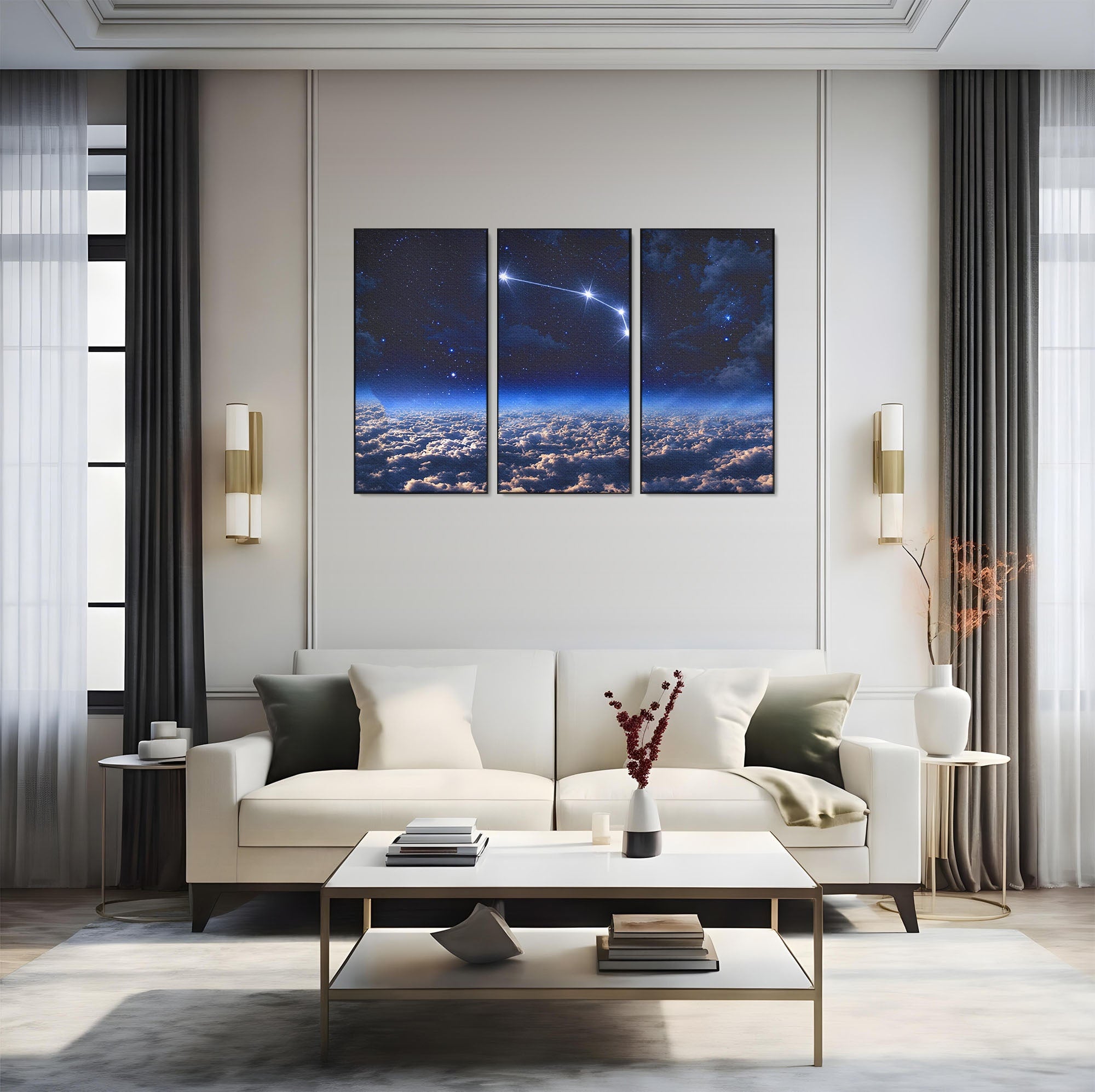 Set 3 Tablouri Canvas Premium LuxCanva® S3-1014, Constelatie Deasupra Norilor, Constelatie, Nori, Noapte, Cer, Dormitor, Culori Vibrante