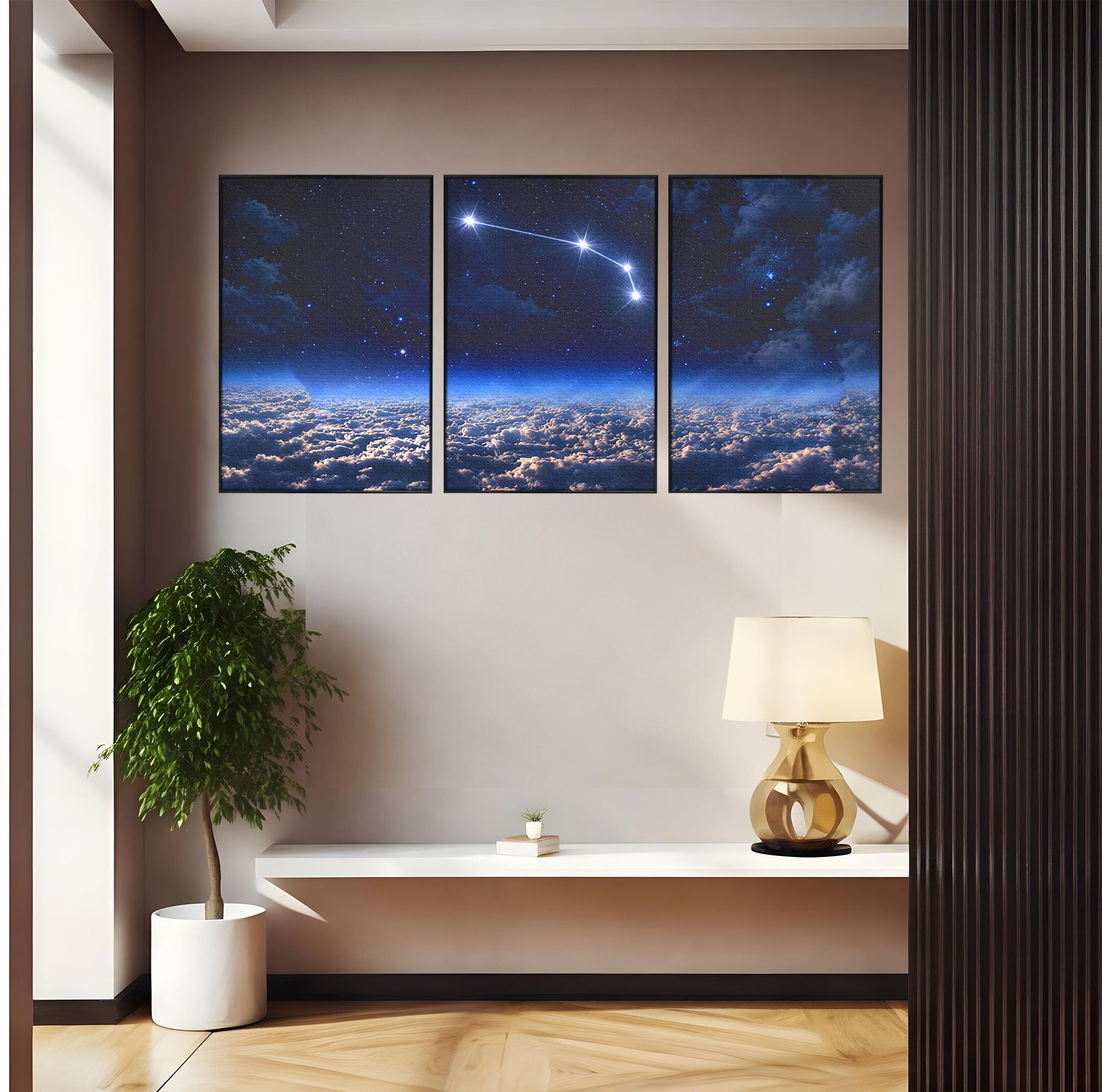 Set 3 Tablouri Canvas Premium LuxCanva® S3-1014, Constelatie Deasupra Norilor, Constelatie, Nori, Noapte, Cer, Dormitor, Culori Vibrante