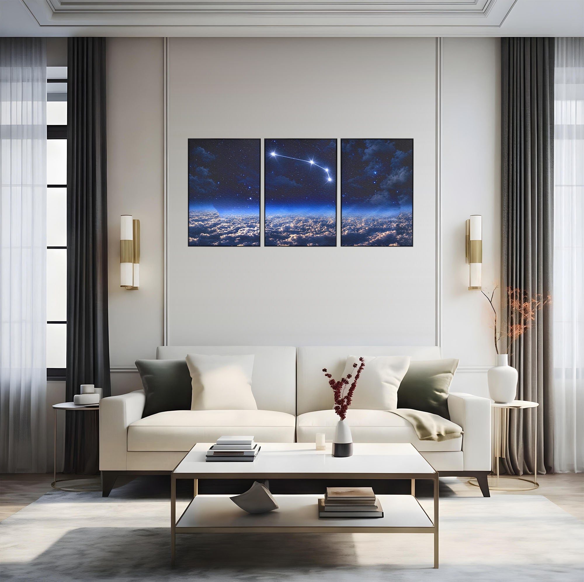 Set 3 Tablouri Canvas Premium LuxCanva® S3-1014, Constelatie Deasupra Norilor, Constelatie, Nori, Noapte, Cer, Dormitor, Culori Vibrante