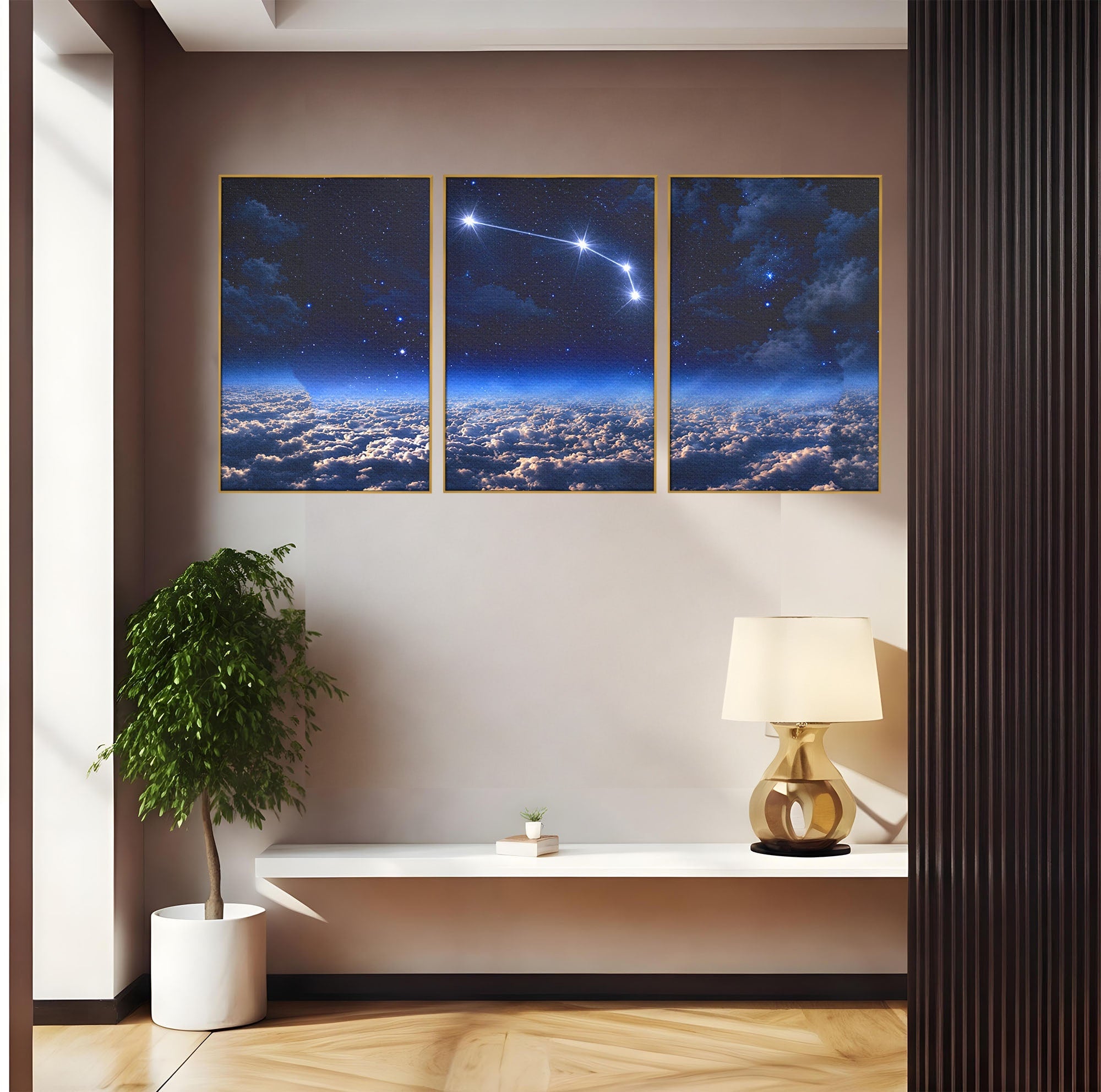 Set 3 Tablouri Canvas Premium LuxCanva® S3-1014, Constelatie Deasupra Norilor, Constelatie, Nori, Noapte, Cer, Dormitor, Culori Vibrante