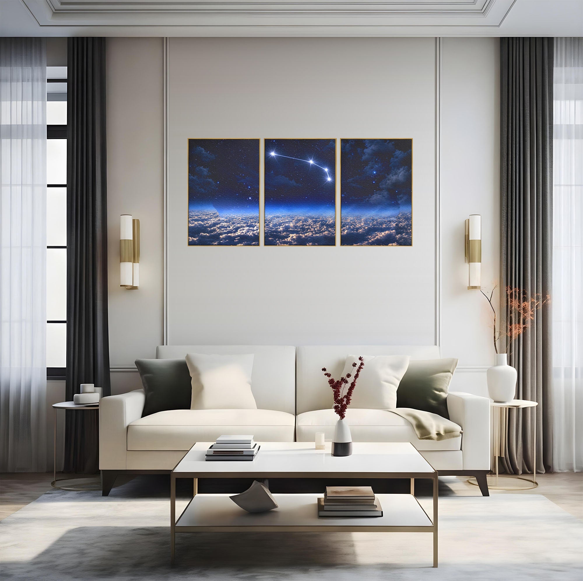 Set 3 Tablouri Canvas Premium LuxCanva® S3-1014, Constelatie Deasupra Norilor, Constelatie, Nori, Noapte, Cer, Dormitor, Culori Vibrante