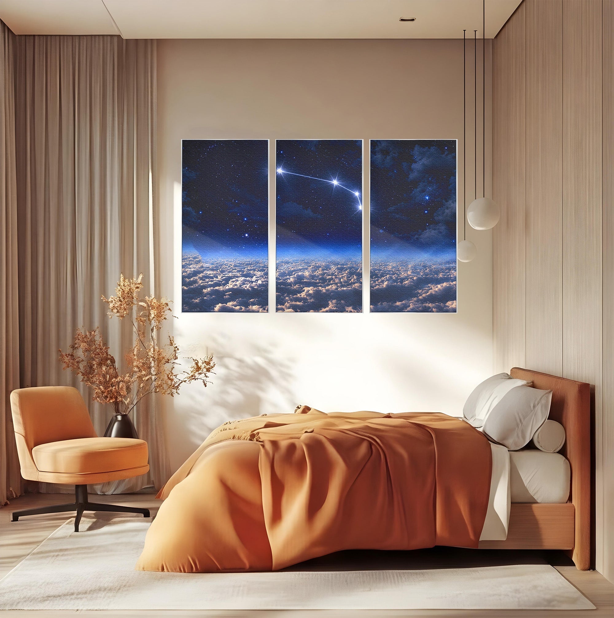 Set 3 Tablouri Canvas Premium LuxCanva® S3-1014, Constelatie Deasupra Norilor, Constelatie, Nori, Noapte, Cer, Dormitor, Culori Vibrante