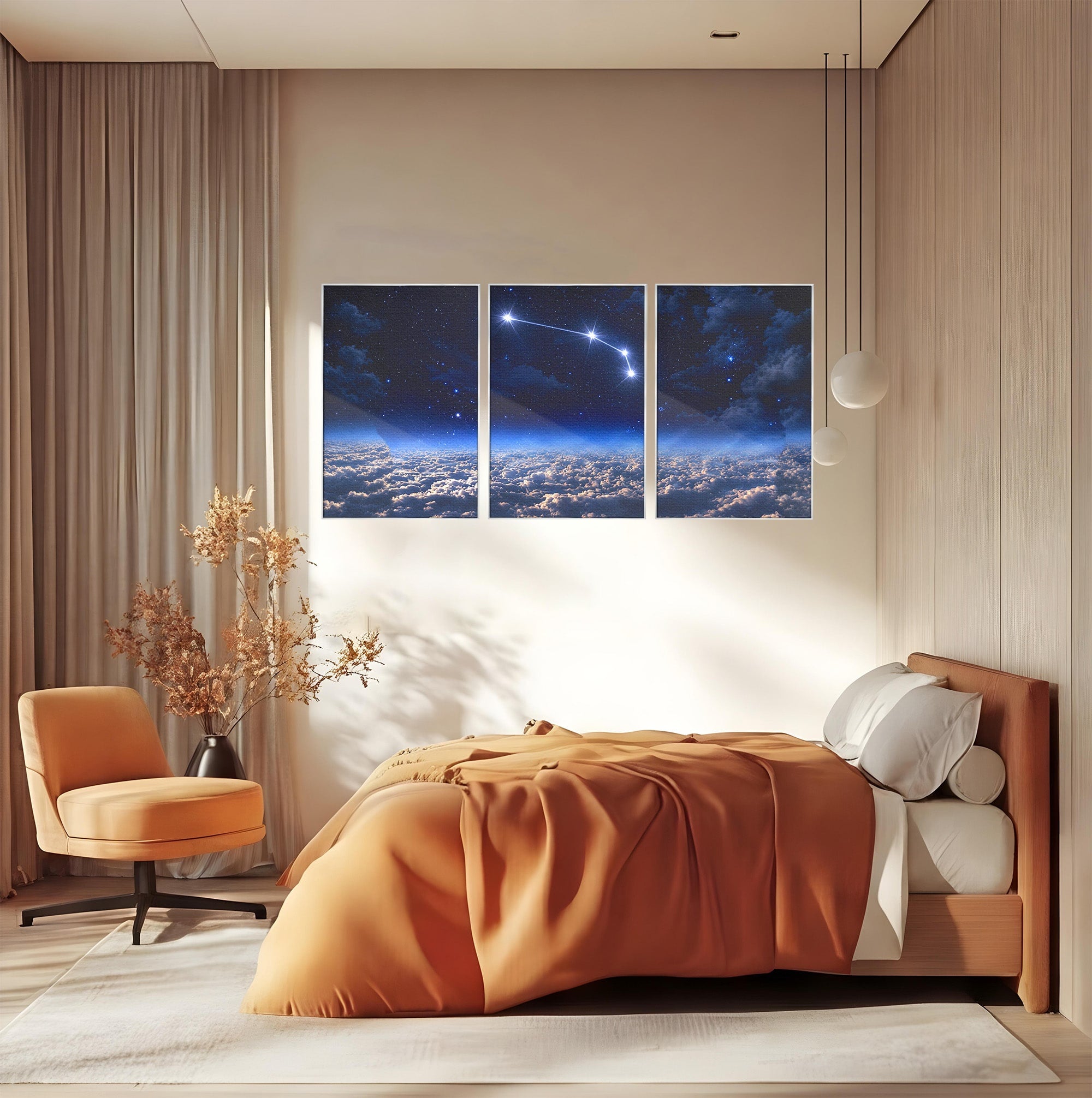 Set 3 Tablouri Canvas Premium LuxCanva® S3-1014, Constelatie Deasupra Norilor, Constelatie, Nori, Noapte, Cer, Dormitor, Culori Vibrante