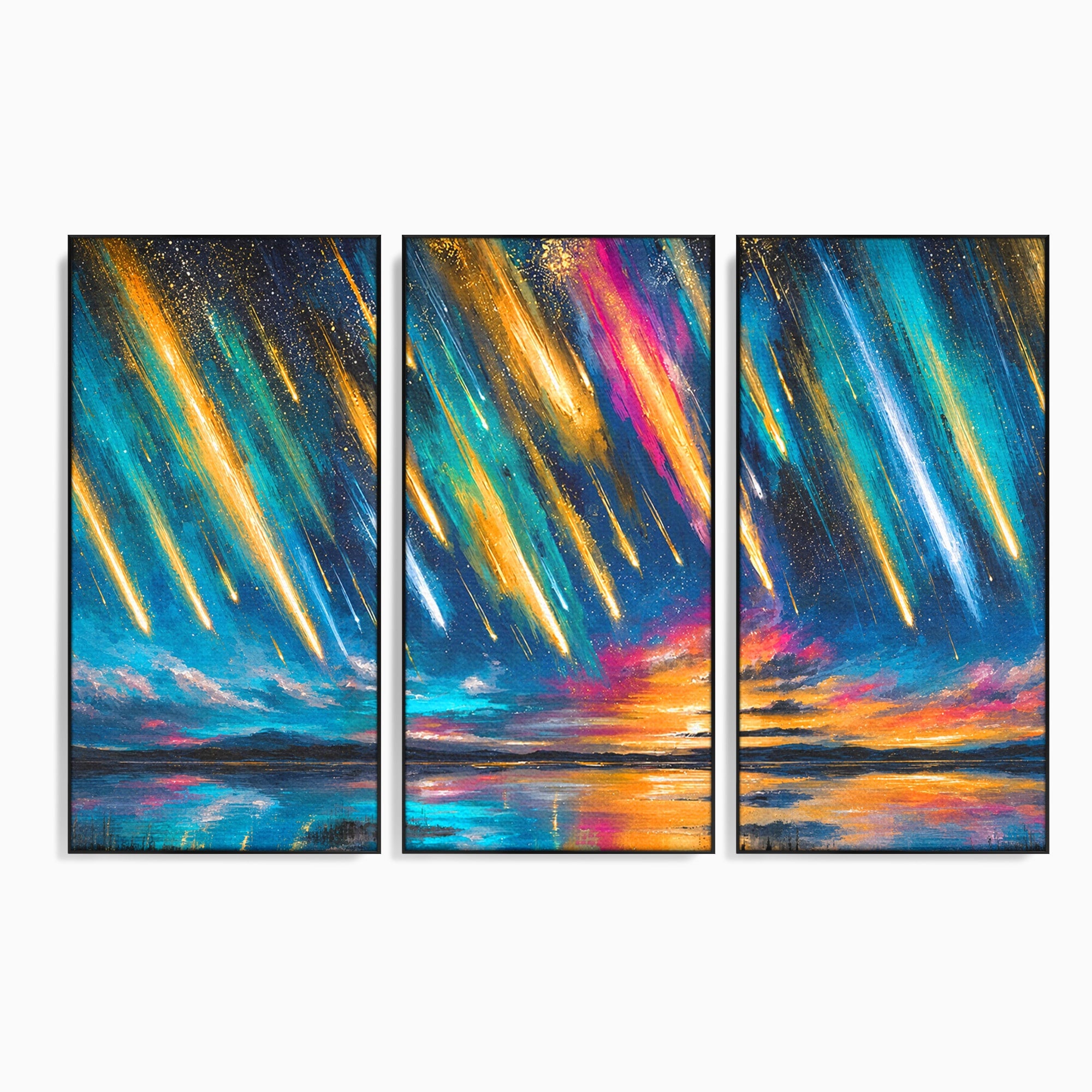 Set 3 Tablouri Canvas Premium LuxCanva® S3-1030, Ploua Cu Stele, Stele, Cer, Peisaj, Apus, Living, Culori Vibrante