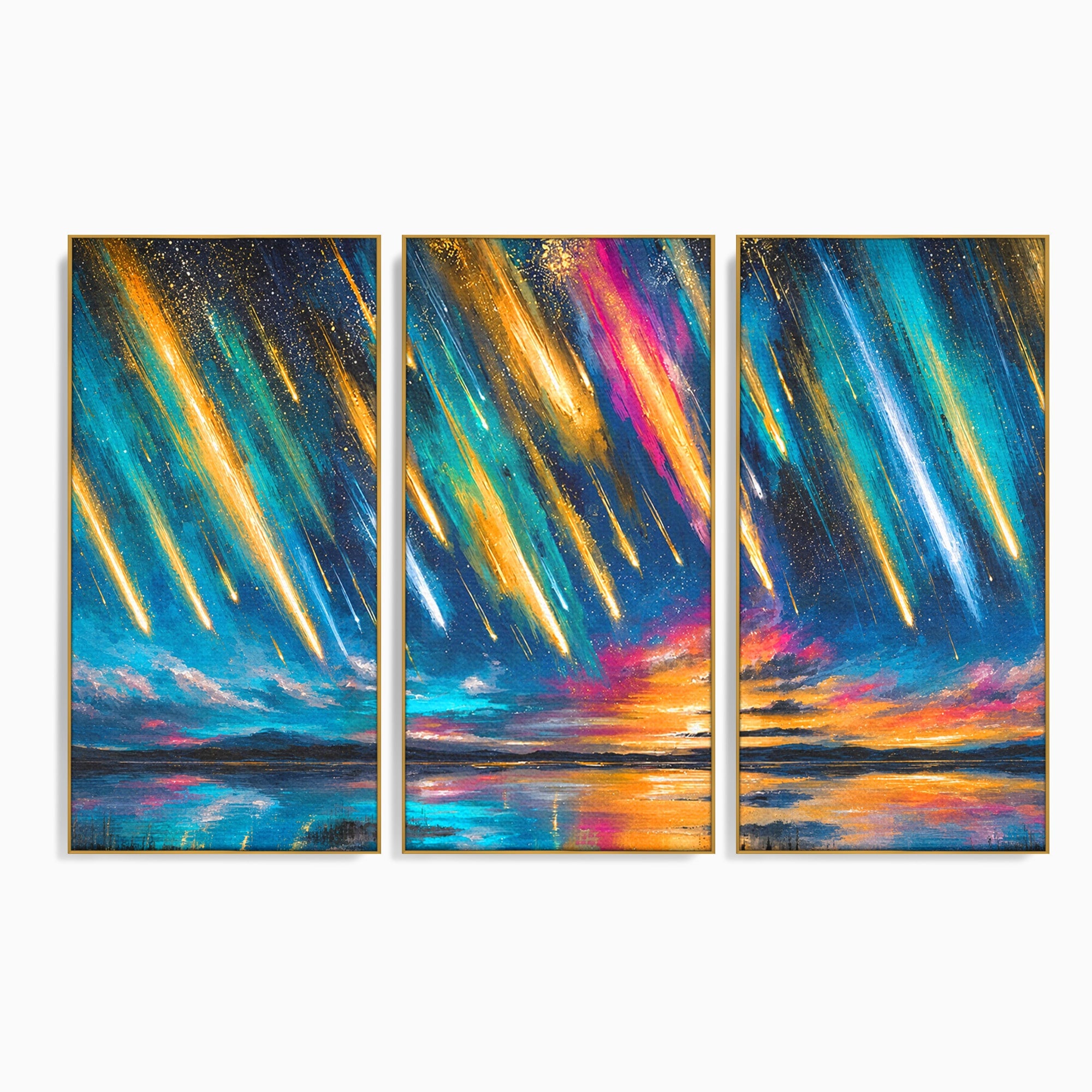 Set 3 Tablouri Canvas Premium LuxCanva® S3-1030, Ploua Cu Stele, Stele, Cer, Peisaj, Apus, Living, Culori Vibrante