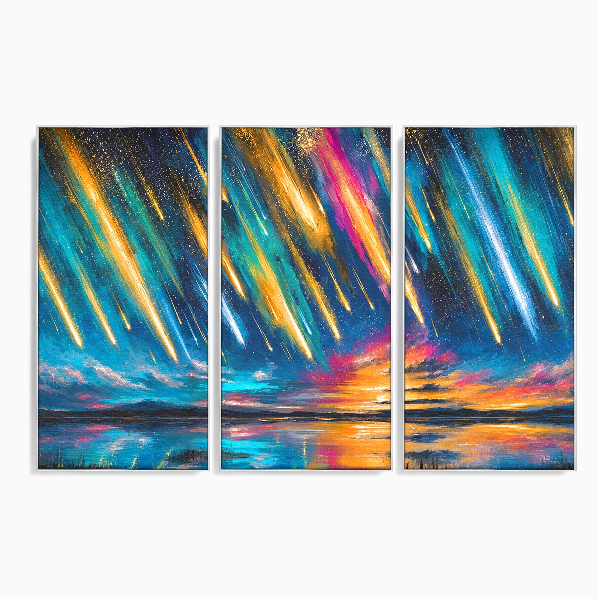Set 3 Tablouri Canvas Premium LuxCanva® S3-1030, Ploua Cu Stele, Stele, Cer, Peisaj, Apus, Living, Culori Vibrante