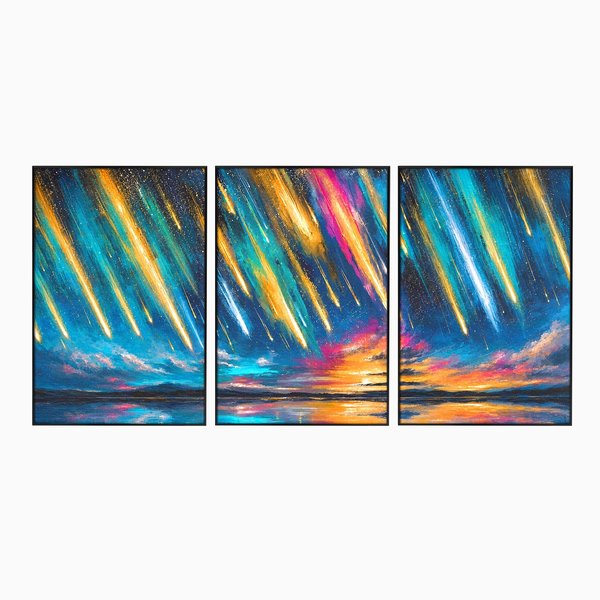 Set 3 Tablouri Canvas Premium LuxCanva® S3-1030, Ploua Cu Stele, Stele, Cer, Peisaj, Apus, Living, Culori Vibrante