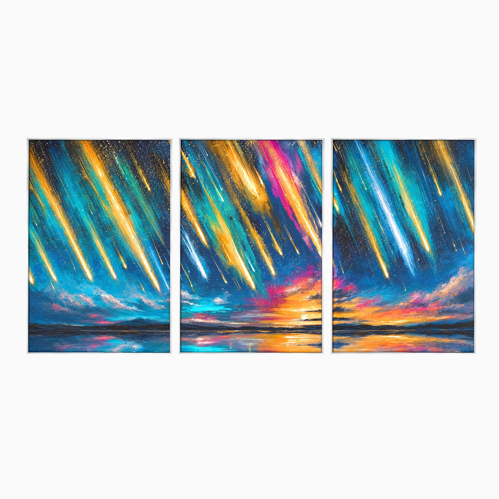 Set 3 Tablouri Canvas Premium LuxCanva® S3-1030, Ploua Cu Stele, Stele, Cer, Peisaj, Apus, Living, Culori Vibrante