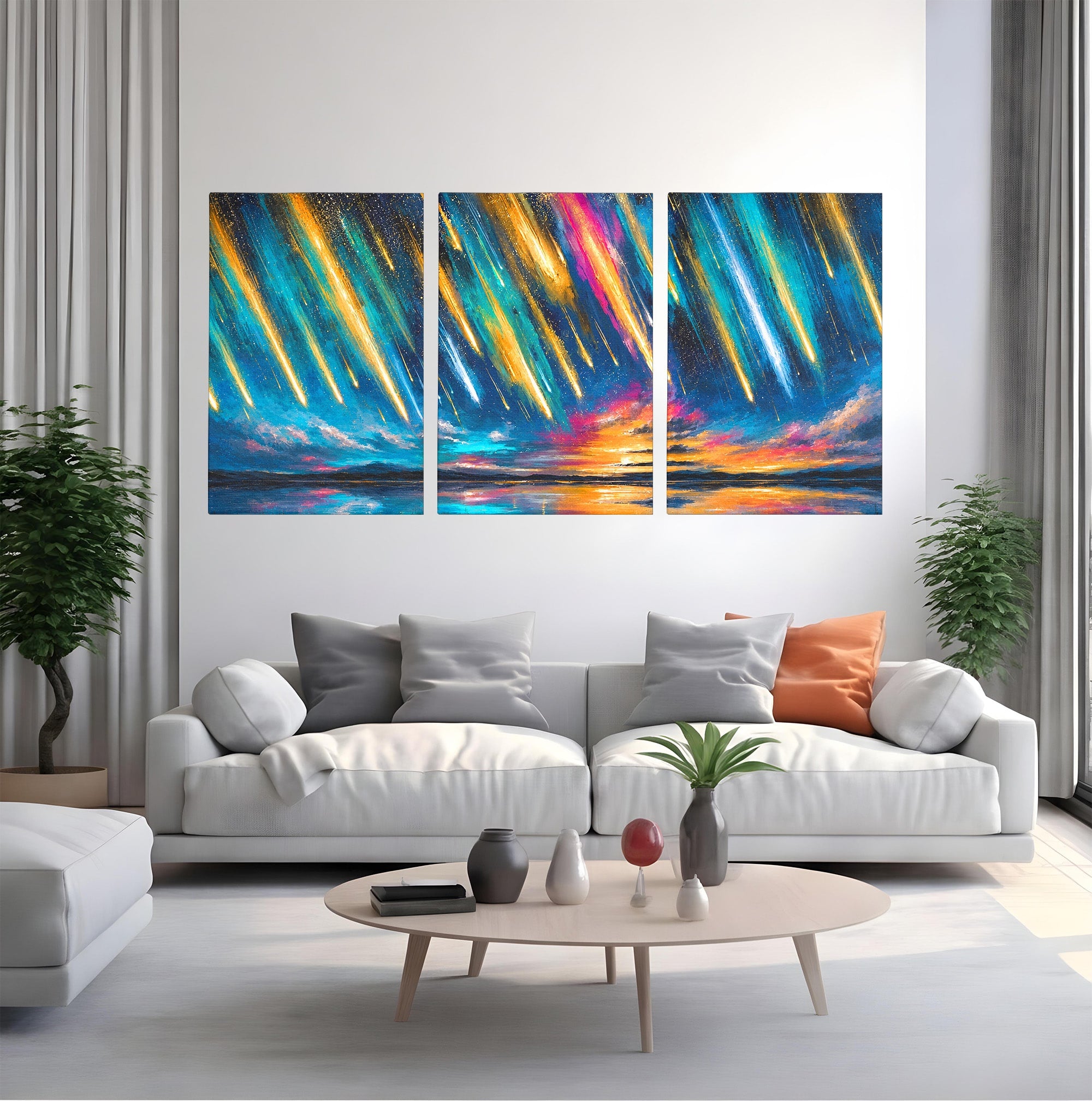 Set 3 Tablouri Canvas Premium LuxCanva® S3-1030, Ploua Cu Stele, Stele, Cer, Peisaj, Apus, Living, Culori Vibrante