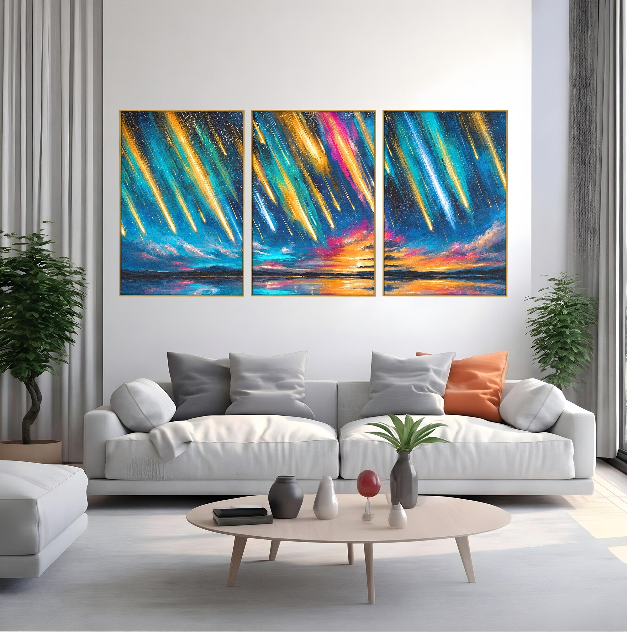 Set 3 Tablouri Canvas Premium LuxCanva® S3-1030, Ploua Cu Stele, Stele, Cer, Peisaj, Apus, Living, Culori Vibrante