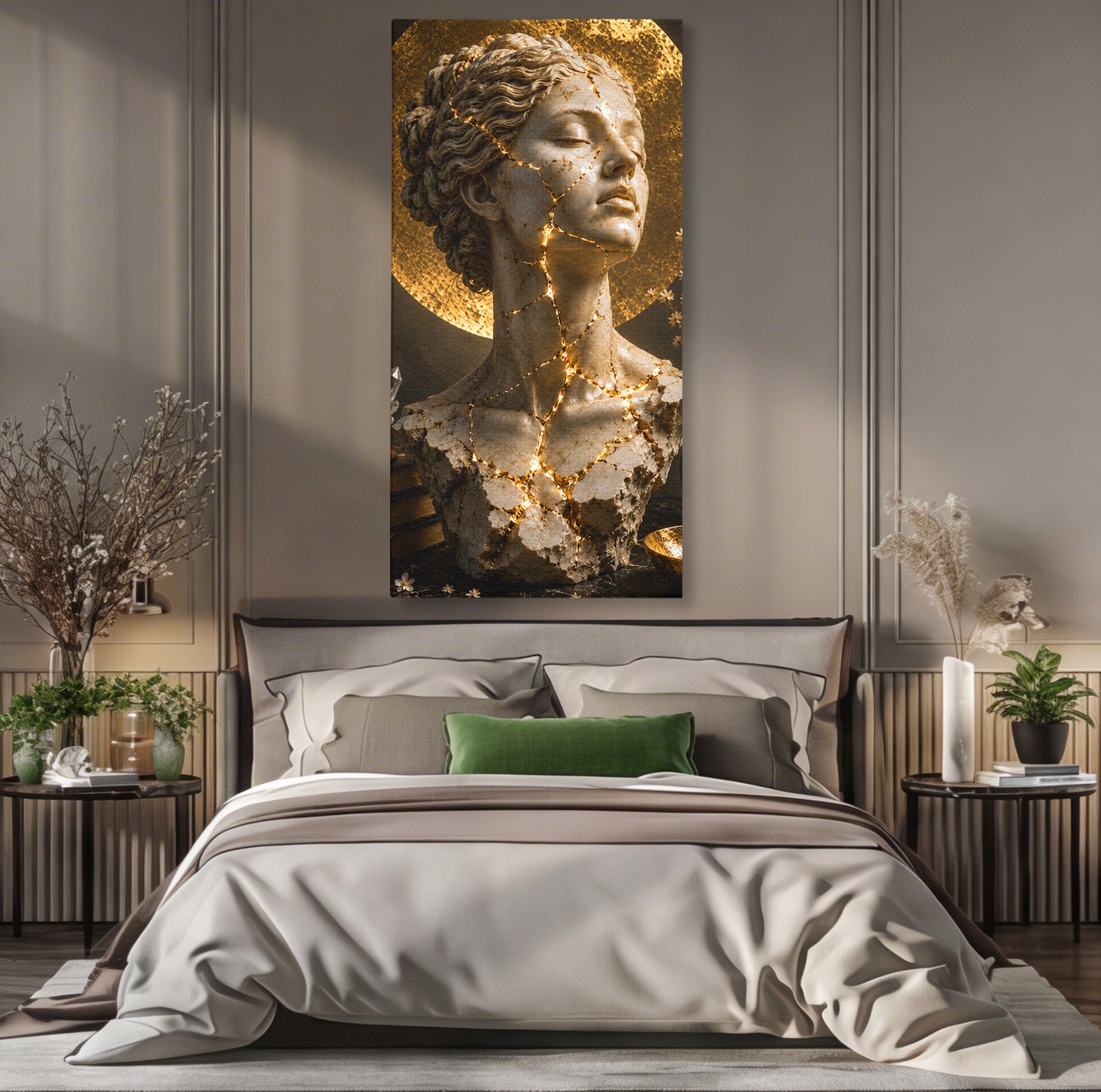 Tablou Canvas Premium LuxCanva® T1008, Zeita In Lumina Aurie, Zeita, Lumina, Statuie, Decor, Dormitor, Culori Vibrante