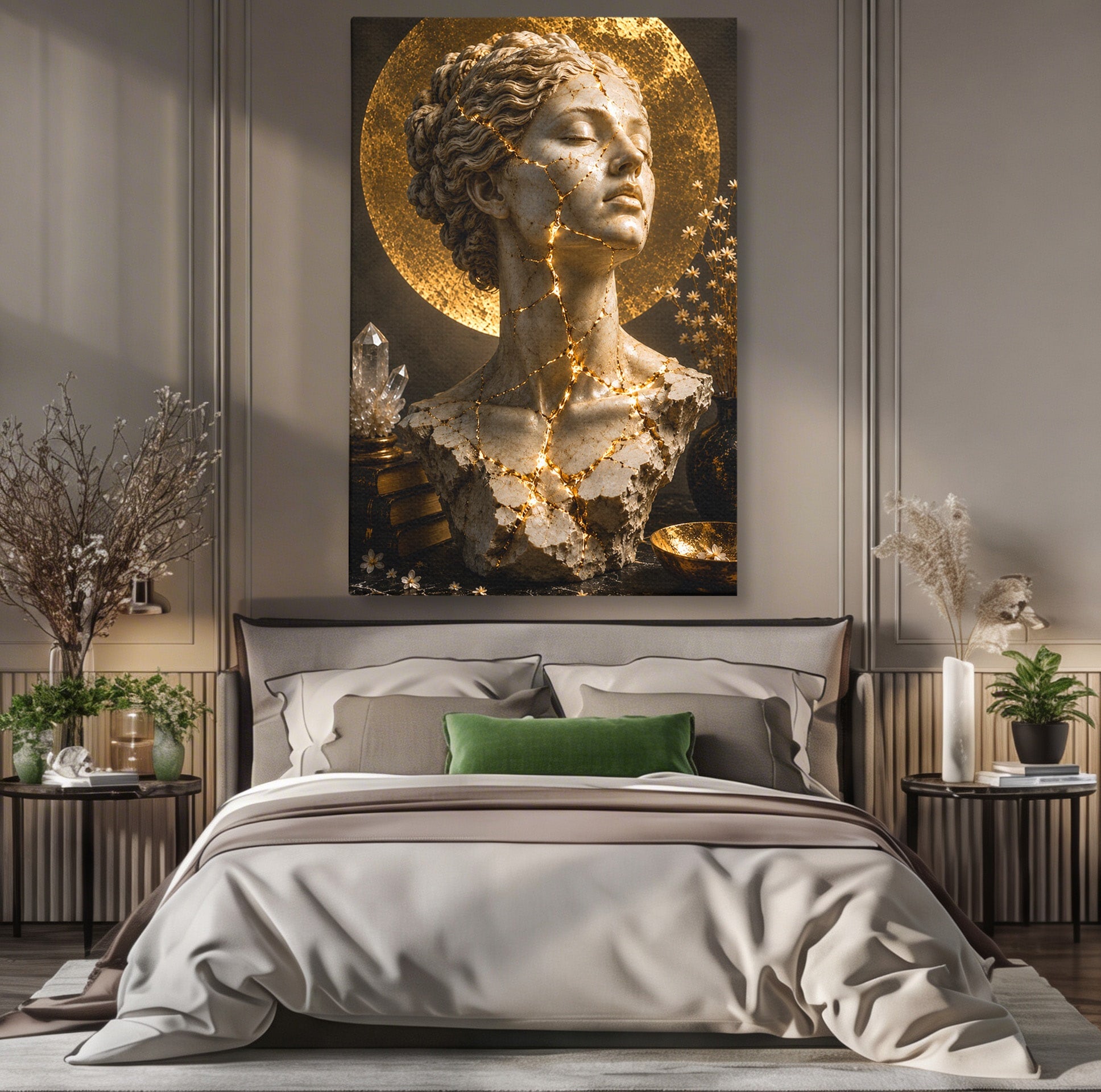 Tablou Canvas Premium LuxCanva® T1008, Zeita In Lumina Aurie, Zeita, Lumina, Statuie, Decor, Dormitor, Culori Vibrante