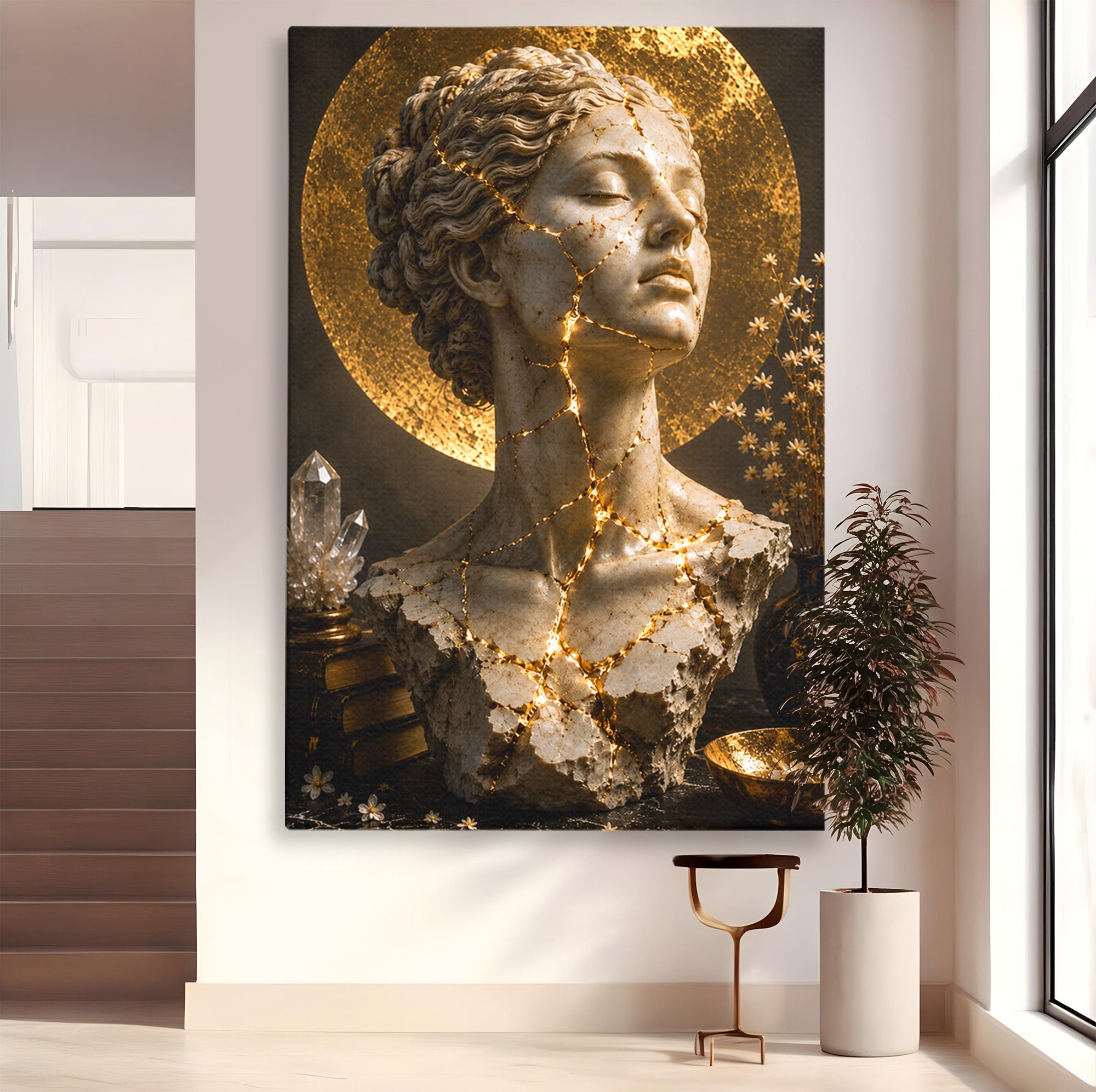 Tablou Canvas Premium LuxCanva® T1008, Zeita In Lumina Aurie, Zeita, Lumina, Statuie, Decor, Dormitor, Culori Vibrante