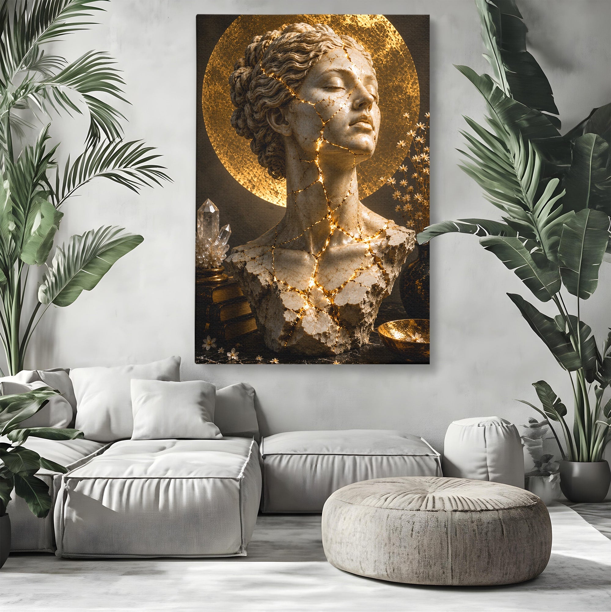 Tablou Canvas Premium LuxCanva® T1008, Zeita In Lumina Aurie, Zeita, Lumina, Statuie, Decor, Dormitor, Culori Vibrante