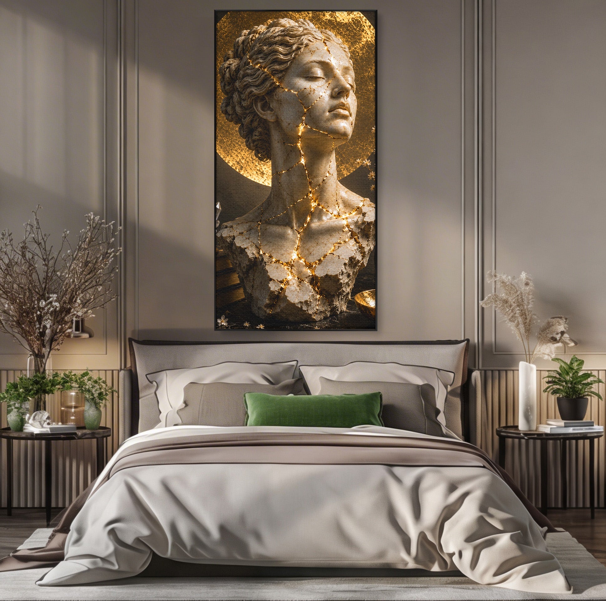 Tablou Canvas Premium LuxCanva® T1008, Zeita In Lumina Aurie, Zeita, Lumina, Statuie, Decor, Dormitor, Culori Vibrante