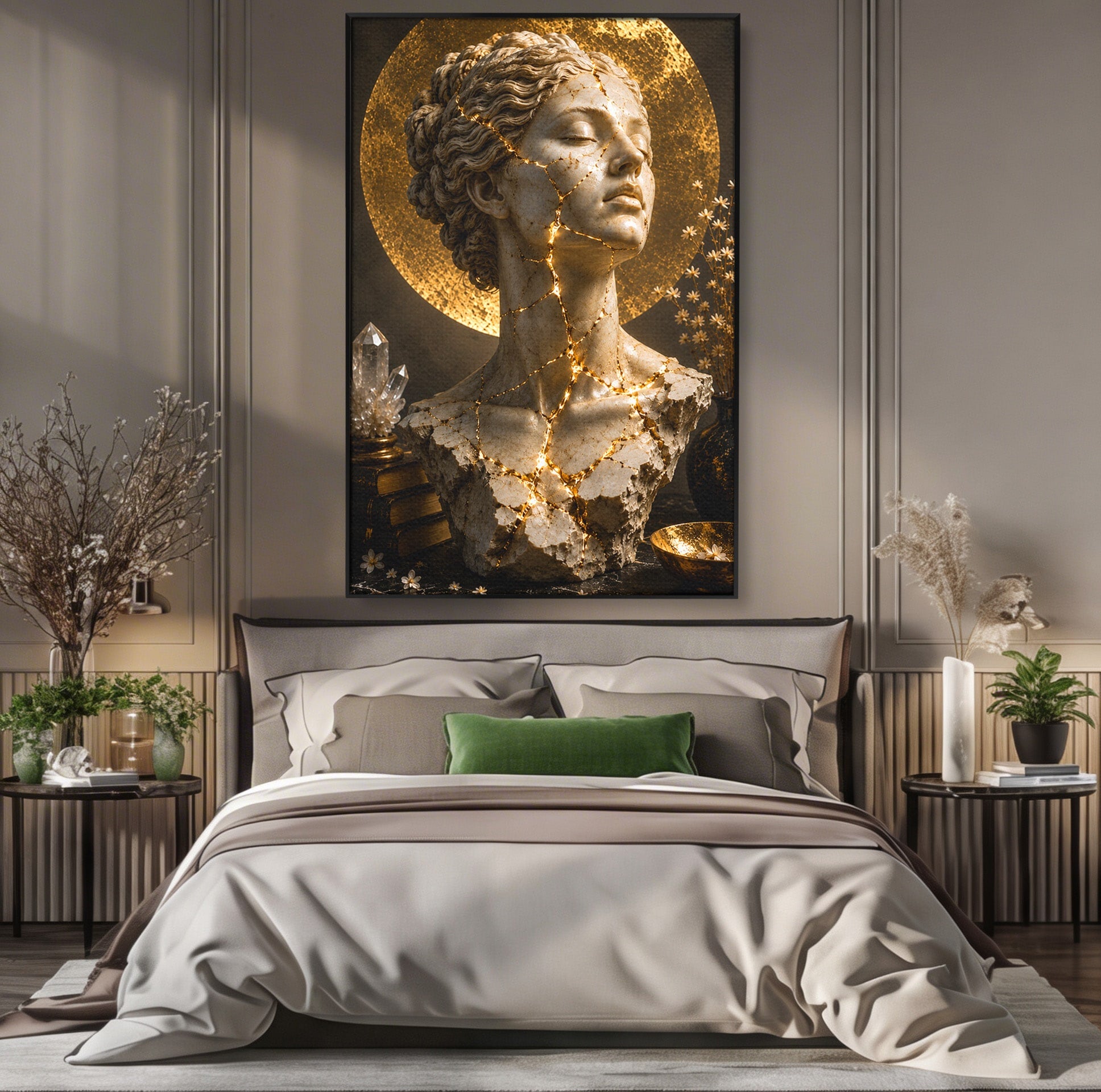 Tablou Canvas Premium LuxCanva® T1008, Zeita In Lumina Aurie, Zeita, Lumina, Statuie, Decor, Dormitor, Culori Vibrante
