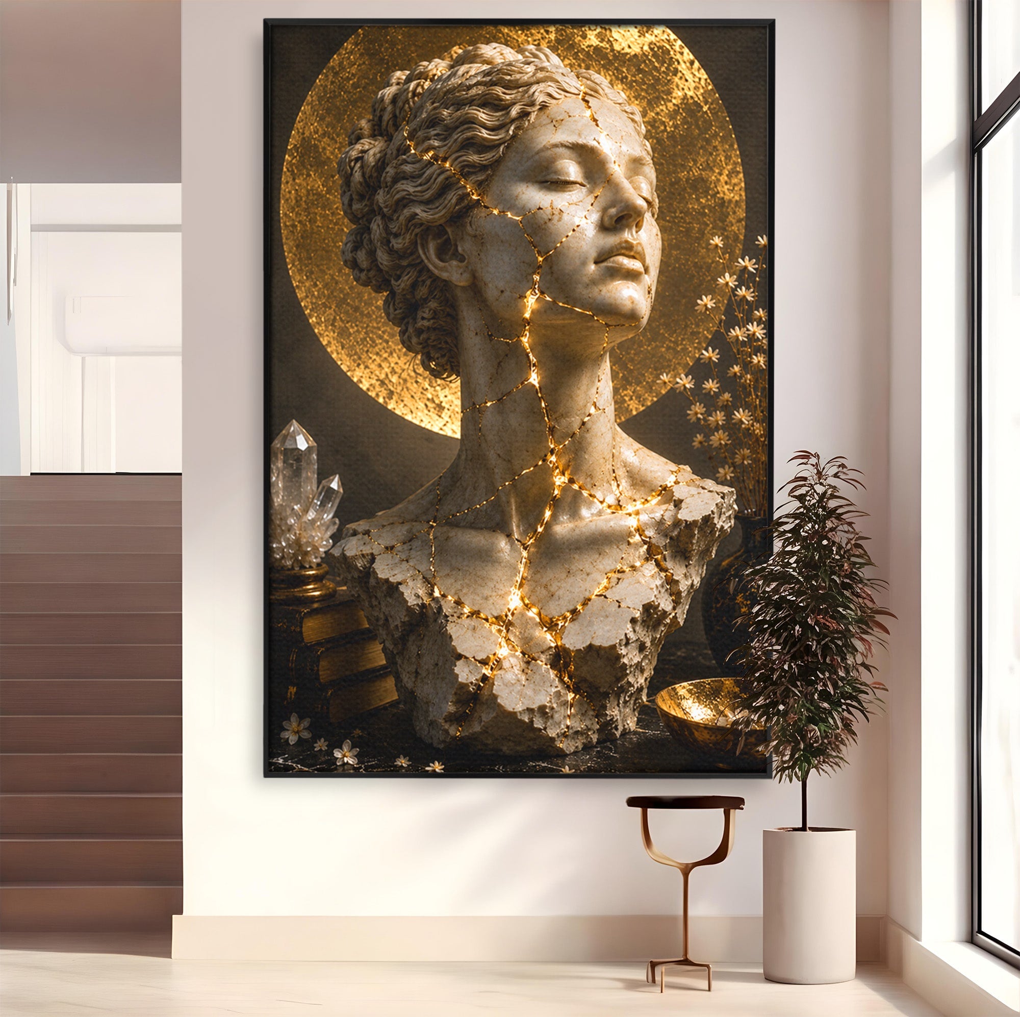 Tablou Canvas Premium LuxCanva® T1008, Zeita In Lumina Aurie, Zeita, Lumina, Statuie, Decor, Dormitor, Culori Vibrante