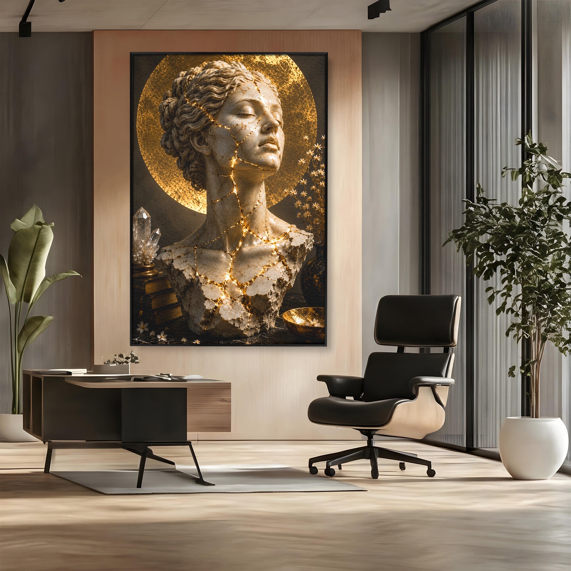 Tablou Canvas Premium LuxCanva® T1008, Zeita In Lumina Aurie, Zeita, Lumina, Statuie, Decor, Dormitor, Culori Vibrante