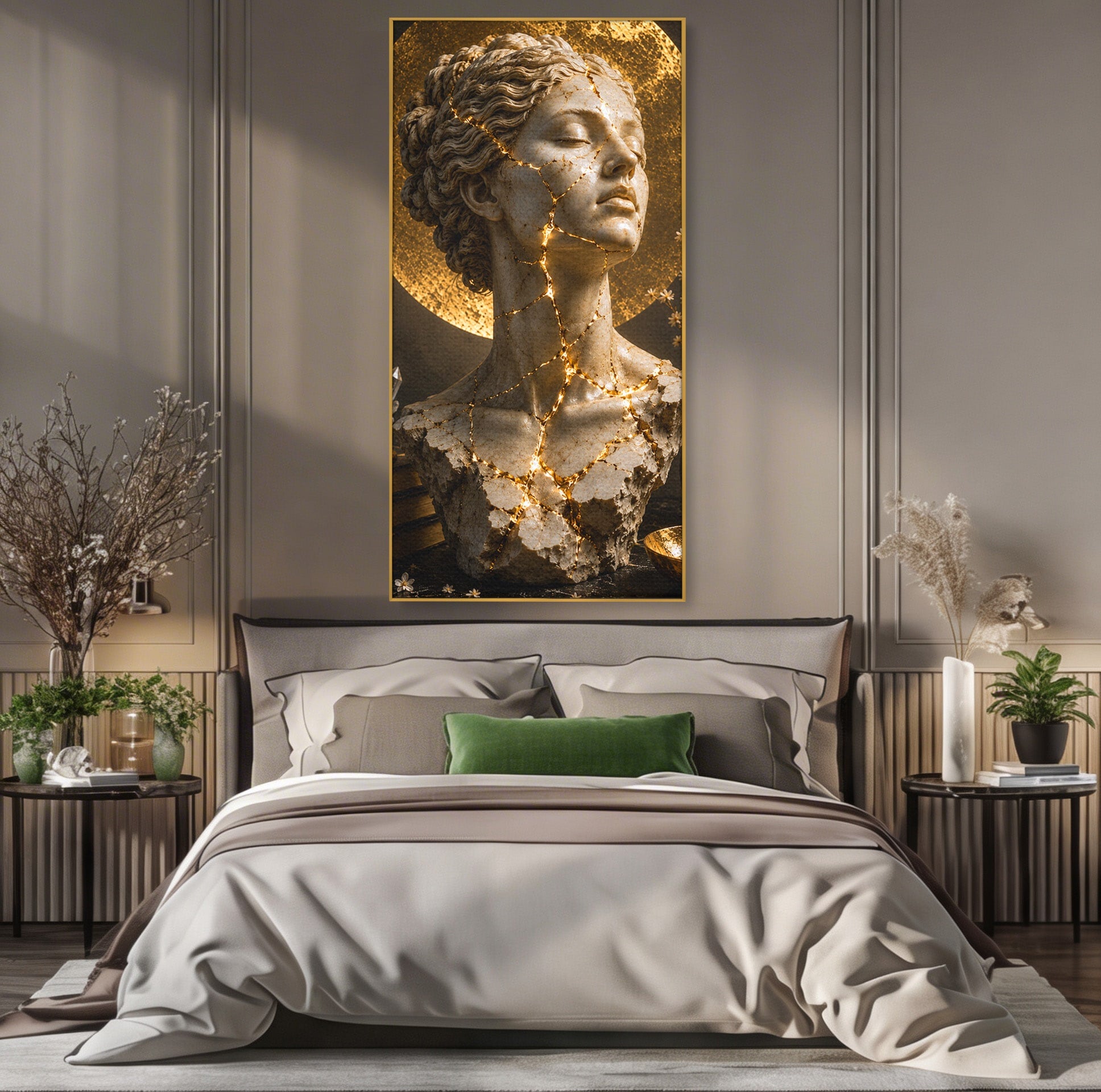 Tablou Canvas Premium LuxCanva® T1008, Zeita In Lumina Aurie, Zeita, Lumina, Statuie, Decor, Dormitor, Culori Vibrante