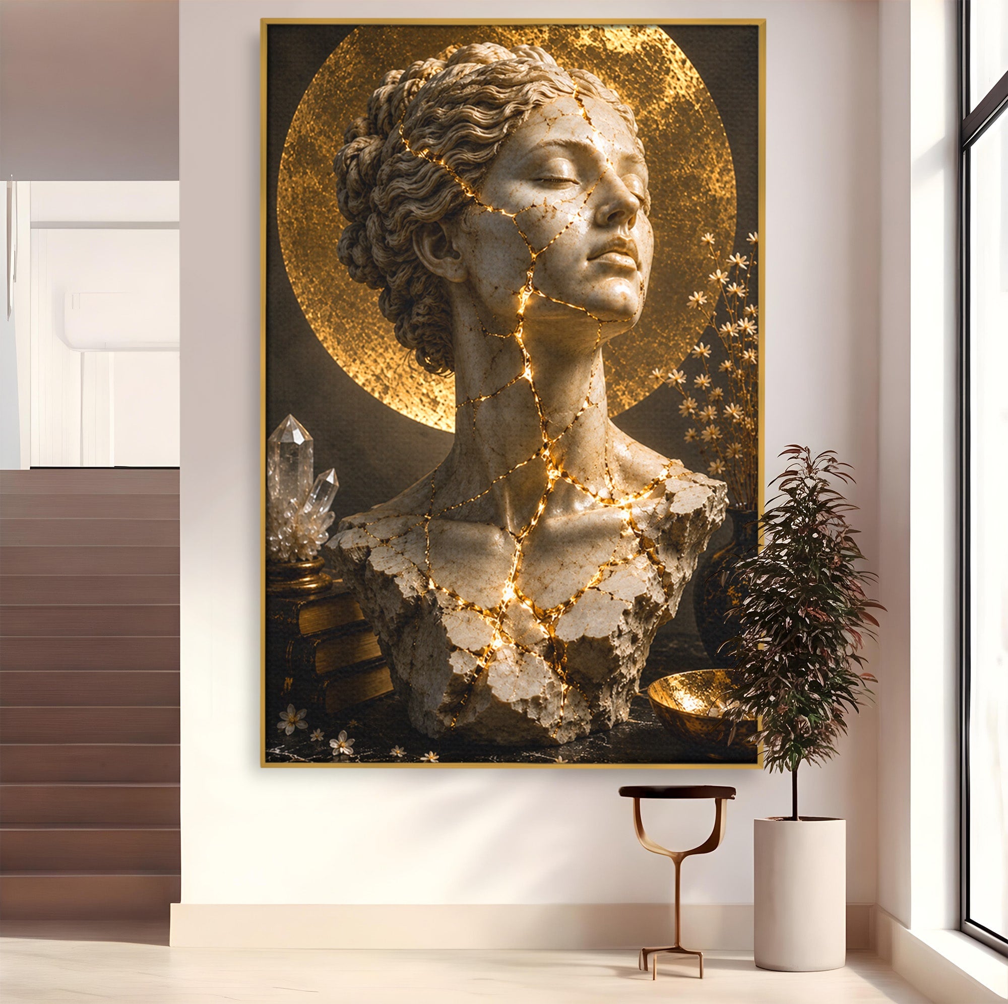 Tablou Canvas Premium LuxCanva® T1008, Zeita In Lumina Aurie, Zeita, Lumina, Statuie, Decor, Dormitor, Culori Vibrante