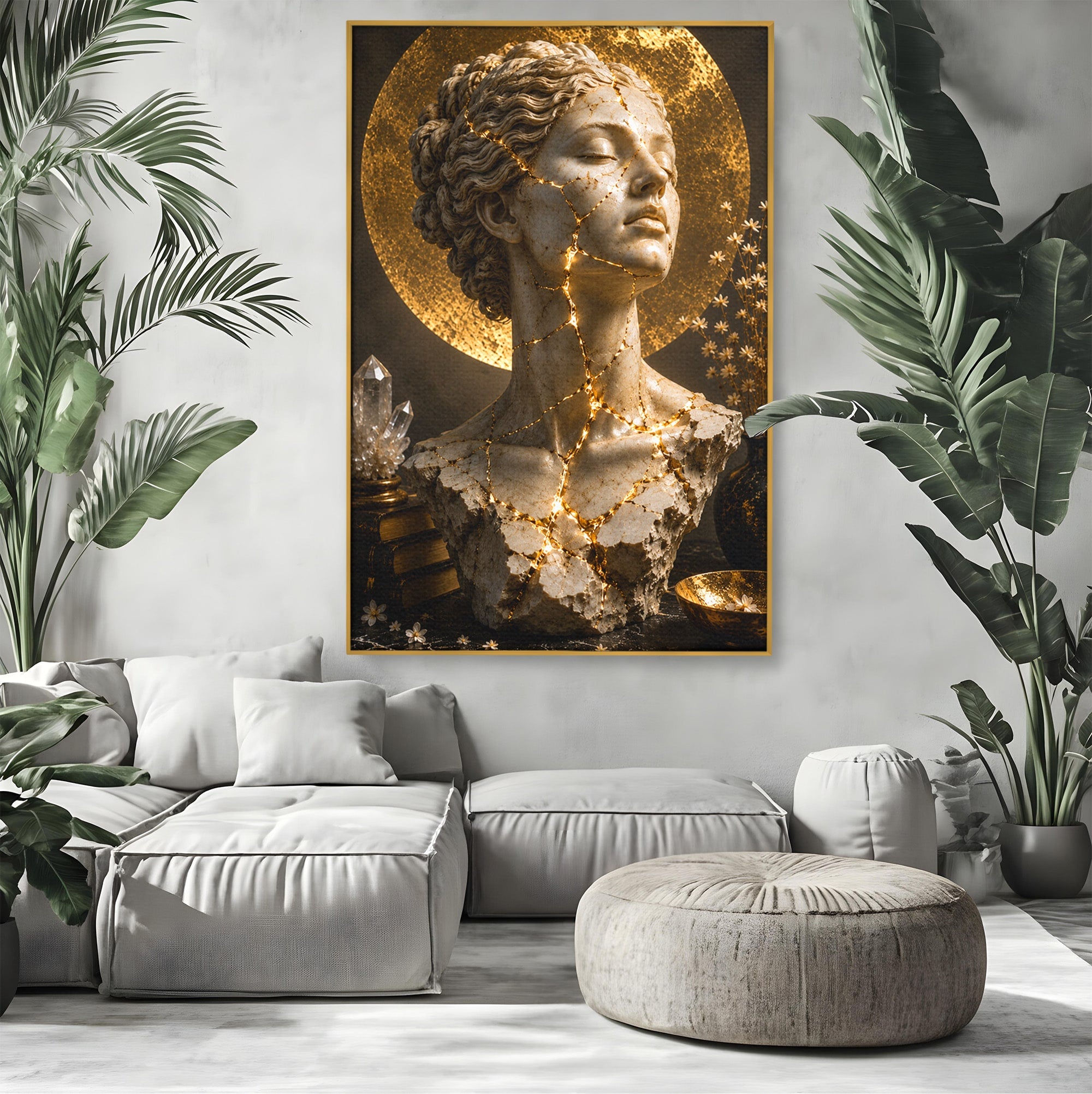 Tablou Canvas Premium LuxCanva® T1008, Zeita In Lumina Aurie, Zeita, Lumina, Statuie, Decor, Dormitor, Culori Vibrante