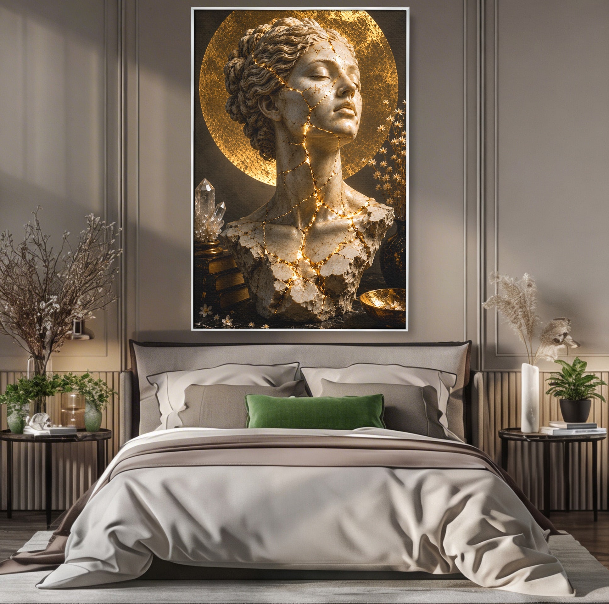 Tablou Canvas Premium LuxCanva® T1008, Zeita In Lumina Aurie, Zeita, Lumina, Statuie, Decor, Dormitor, Culori Vibrante