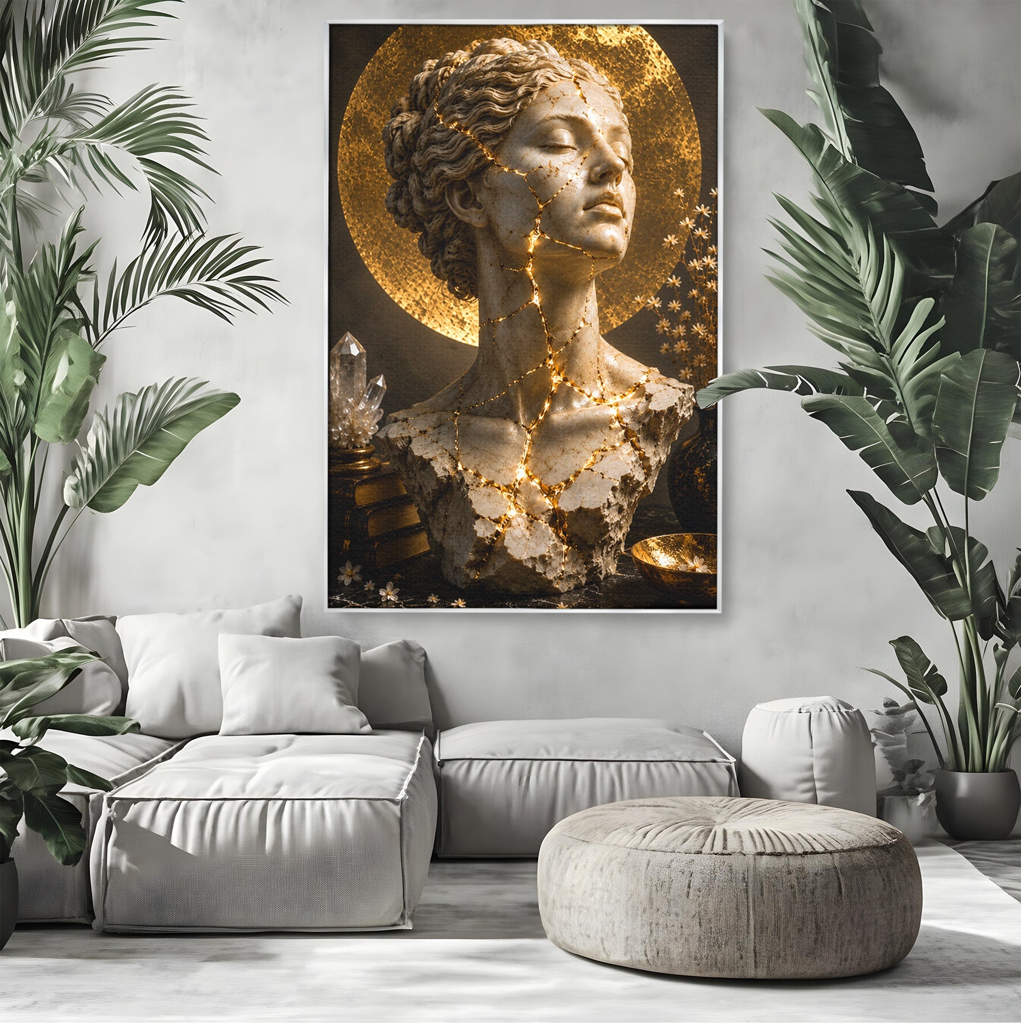 Tablou Canvas Premium LuxCanva® T1008, Zeita In Lumina Aurie, Zeita, Lumina, Statuie, Decor, Dormitor, Culori Vibrante