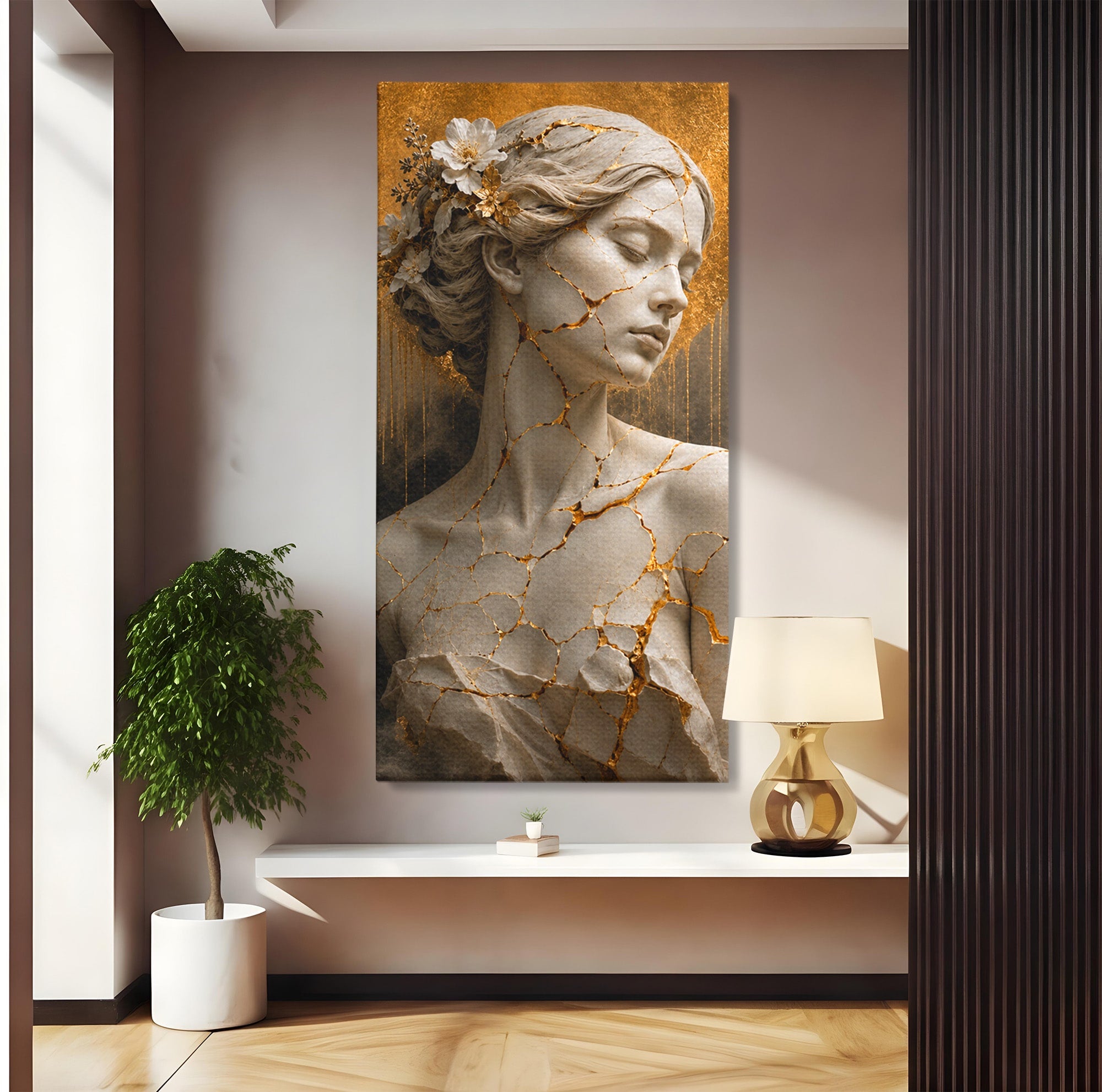 Tablou Canvas Premium LuxCanva® T1009, Frumusetea Kintsugi, Femeie, Statue, Kintsugi, Arta, Dormitor, Culori Vibrante