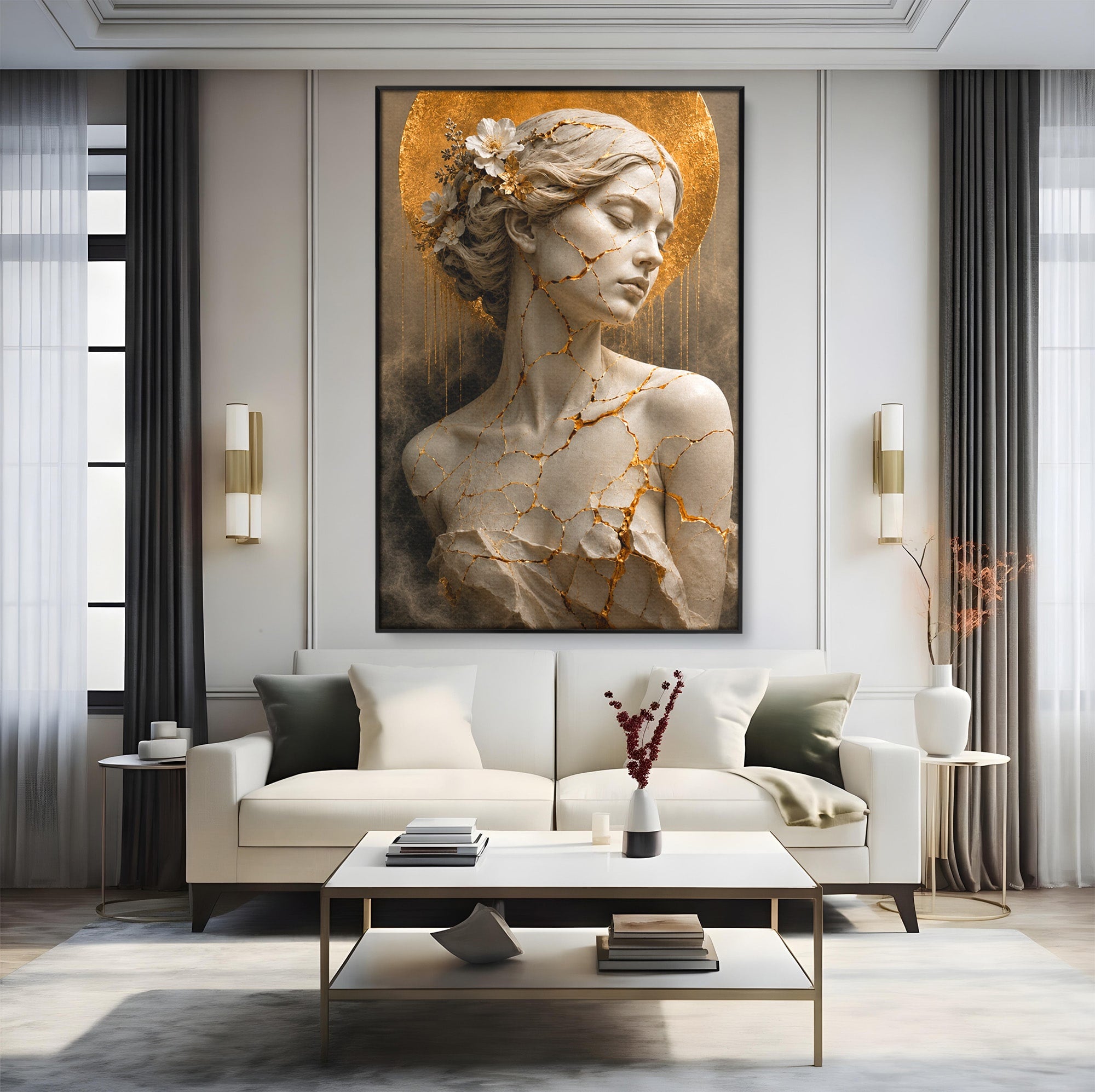 Tablou Canvas Premium LuxCanva® T1009, Frumusetea Kintsugi, Femeie, Statue, Kintsugi, Arta, Dormitor, Culori Vibrante
