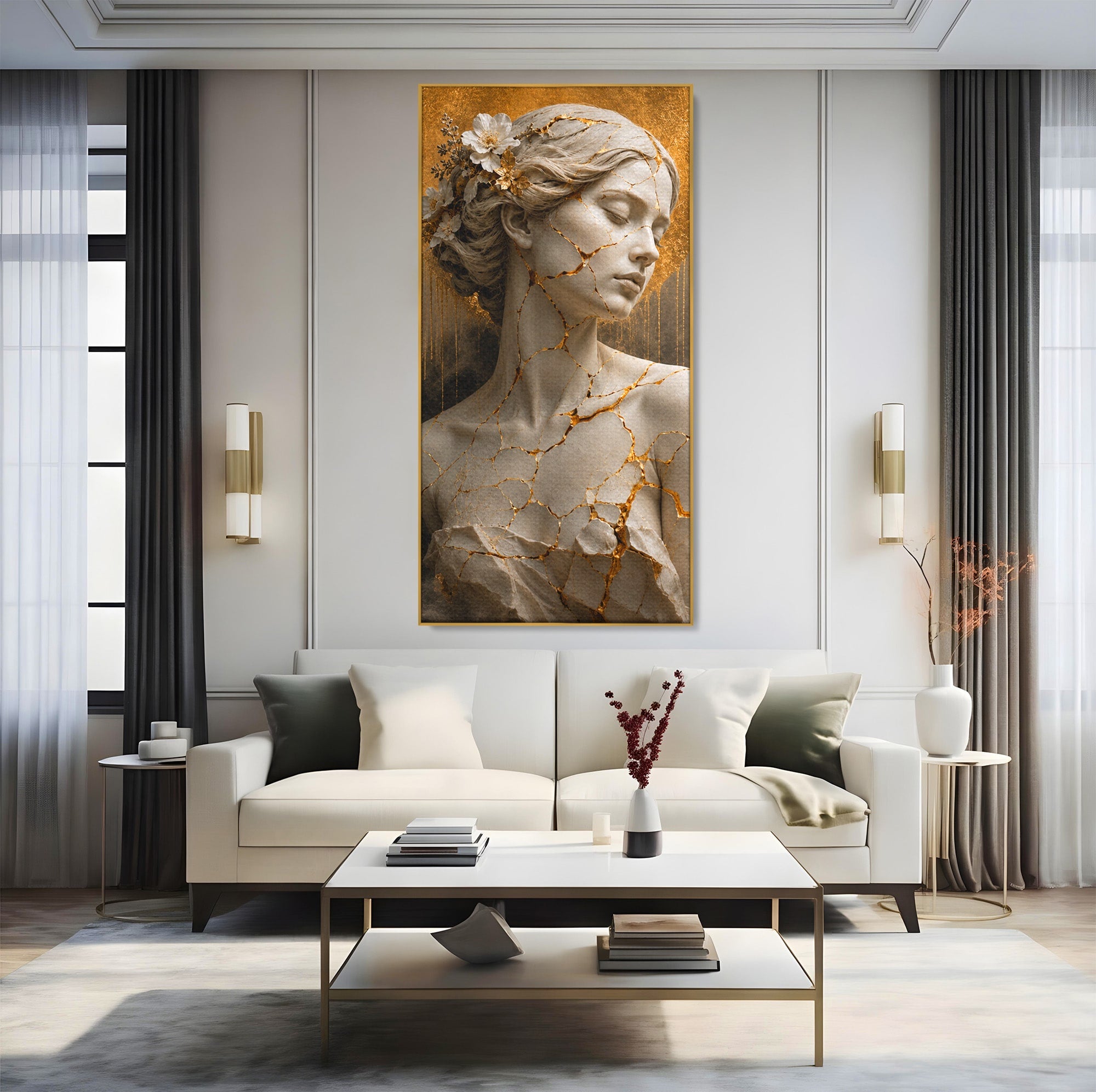 Tablou Canvas Premium LuxCanva® T1009, Frumusetea Kintsugi, Femeie, Statue, Kintsugi, Arta, Dormitor, Culori Vibrante