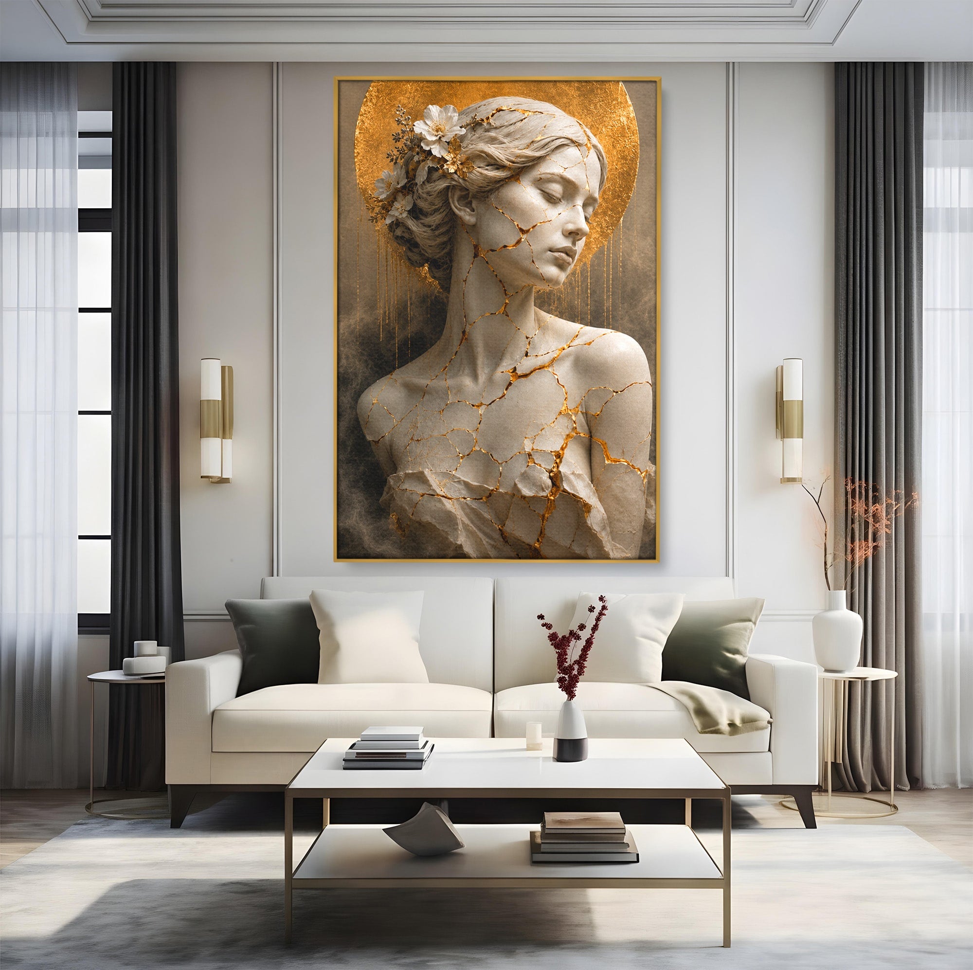 Tablou Canvas Premium LuxCanva® T1009, Frumusetea Kintsugi, Femeie, Statue, Kintsugi, Arta, Dormitor, Culori Vibrante