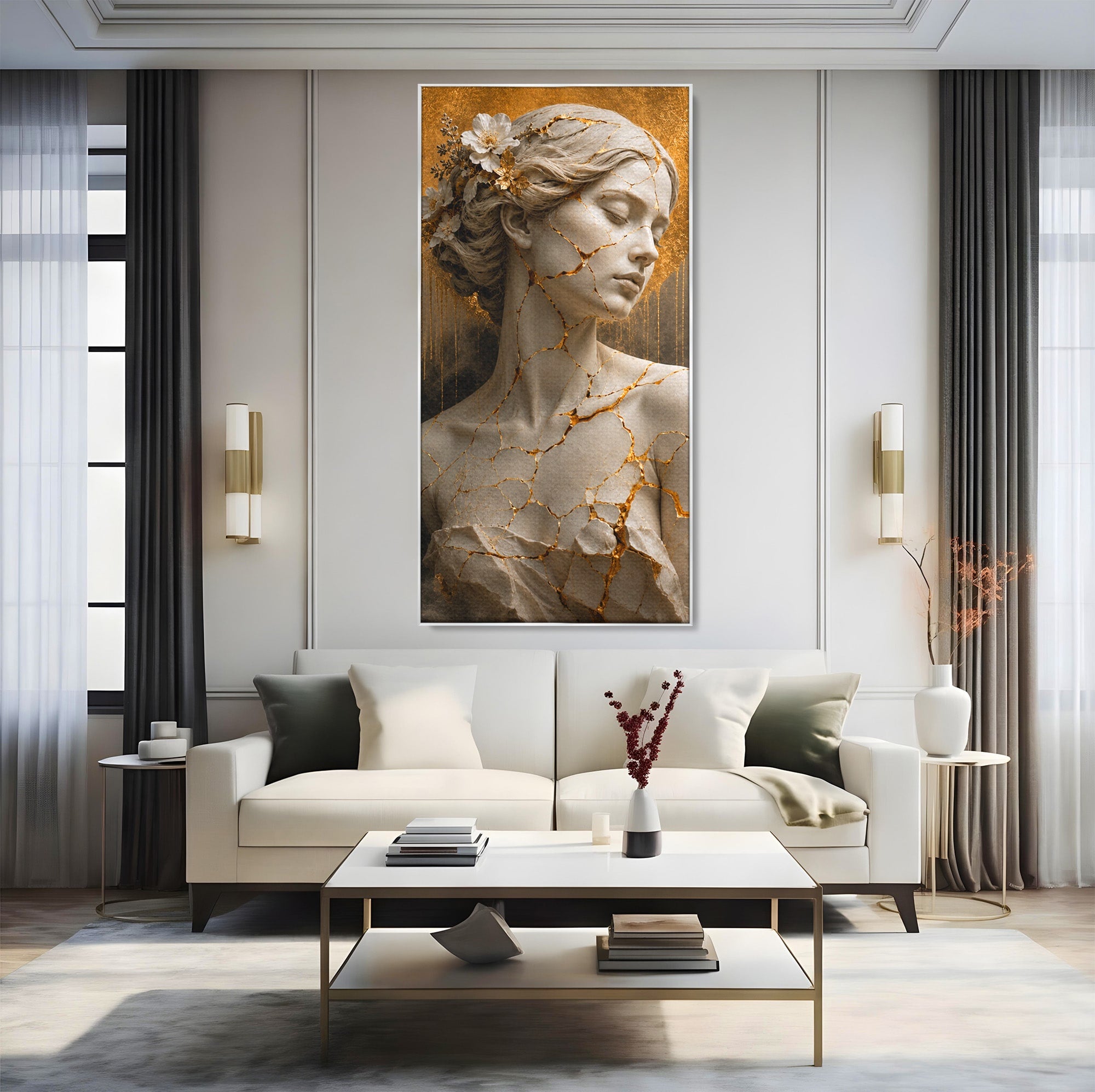 Tablou Canvas Premium LuxCanva® T1009, Frumusetea Kintsugi, Femeie, Statue, Kintsugi, Arta, Dormitor, Culori Vibrante
