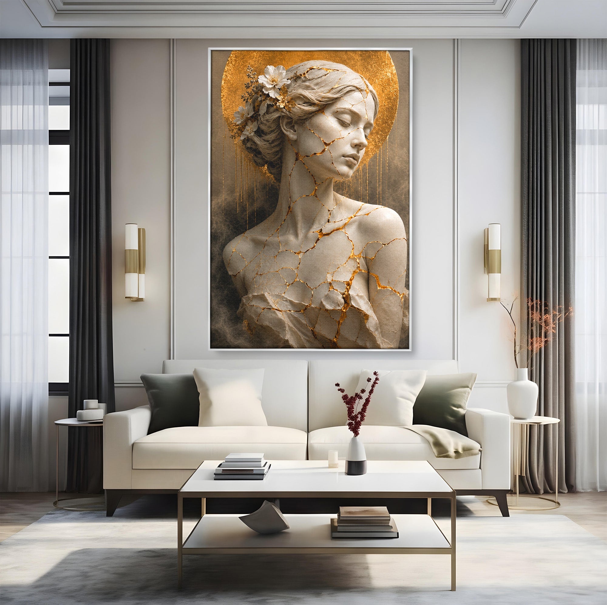 Tablou Canvas Premium LuxCanva® T1009, Frumusetea Kintsugi, Femeie, Statue, Kintsugi, Arta, Dormitor, Culori Vibrante
