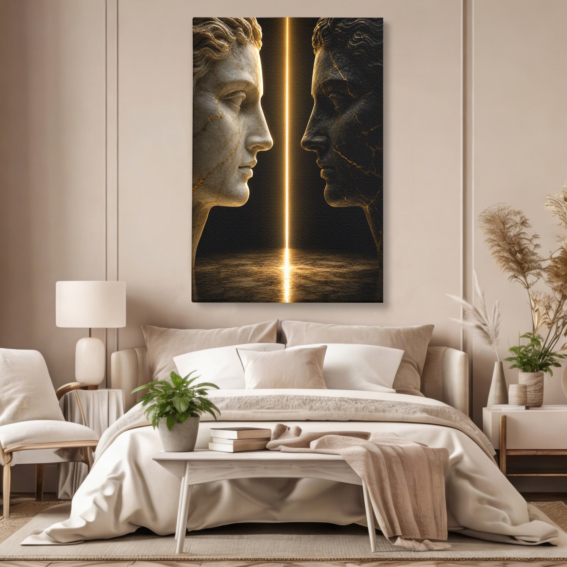 Tablou Canvas Premium LuxCanva® T1010, Confruntarea Statuilor, Statuie, Confruntare, Abstract, Arta Clasica, Dormitor, Culori Vibrante