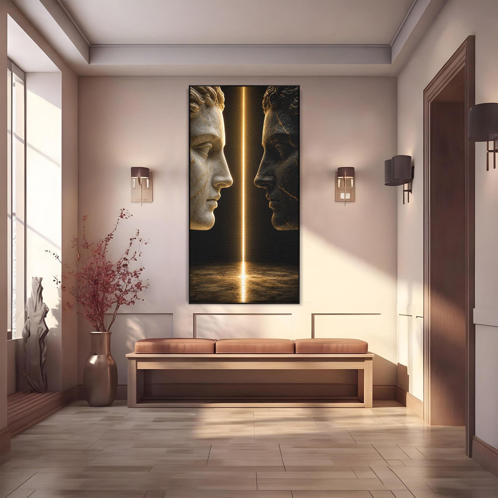Tablou Canvas Premium LuxCanva® T1010, Confruntarea Statuilor, Statuie, Confruntare, Abstract, Arta Clasica, Dormitor, Culori Vibrante