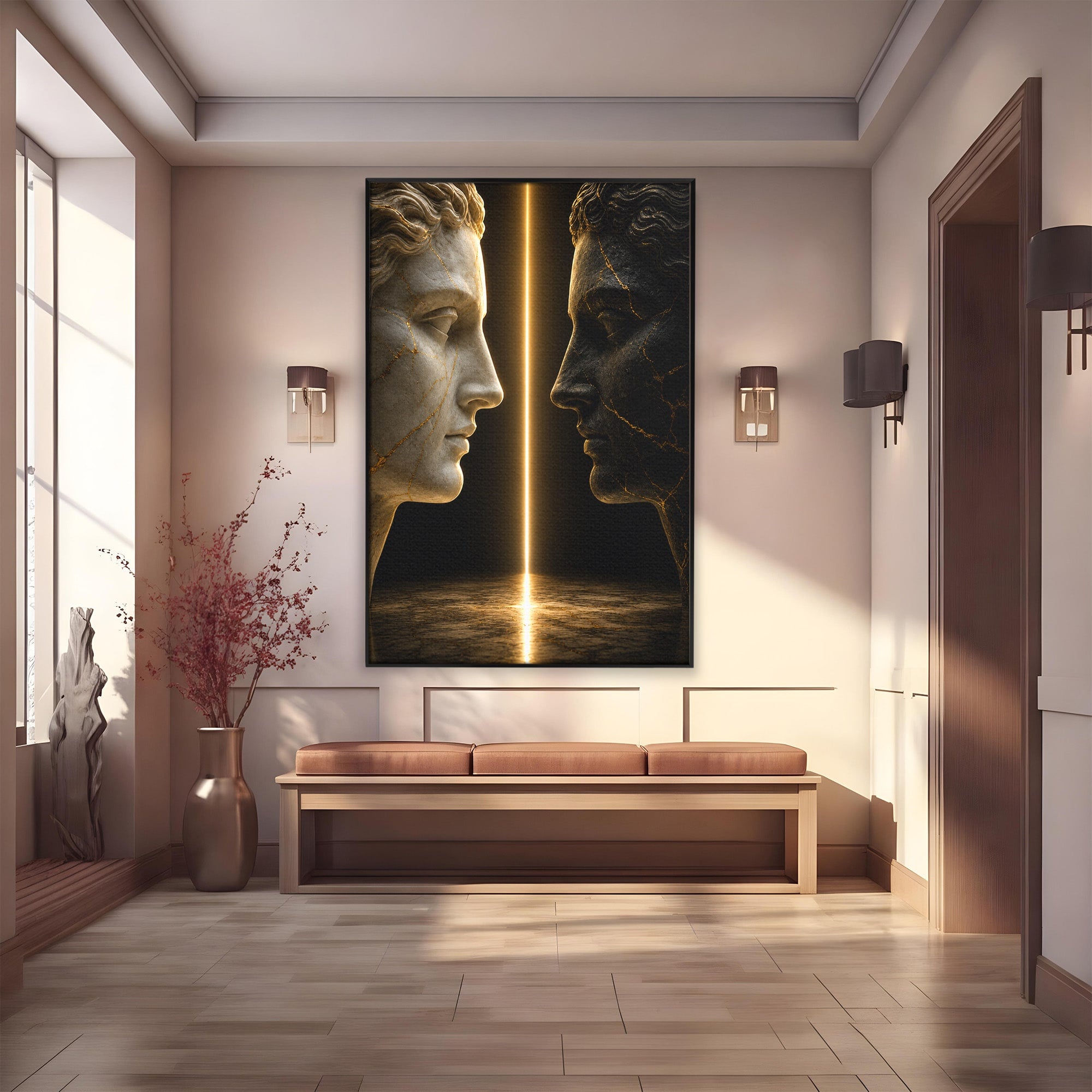 Tablou Canvas Premium LuxCanva® T1010, Confruntarea Statuilor, Statuie, Confruntare, Abstract, Arta Clasica, Dormitor, Culori Vibrante