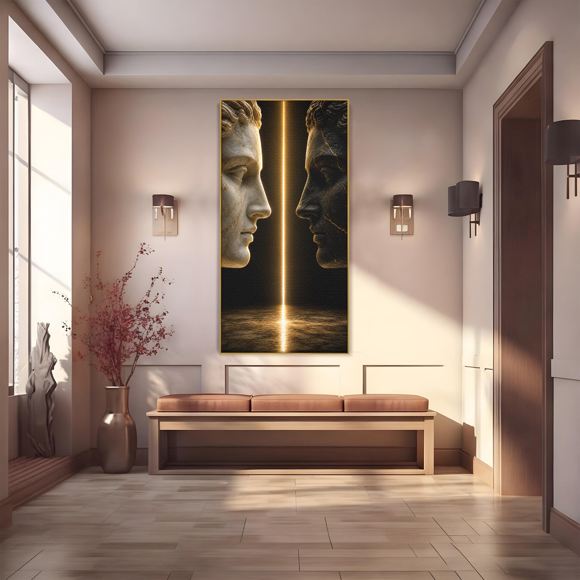 Tablou Canvas Premium LuxCanva® T1010, Confruntarea Statuilor, Statuie, Confruntare, Abstract, Arta Clasica, Dormitor, Culori Vibrante
