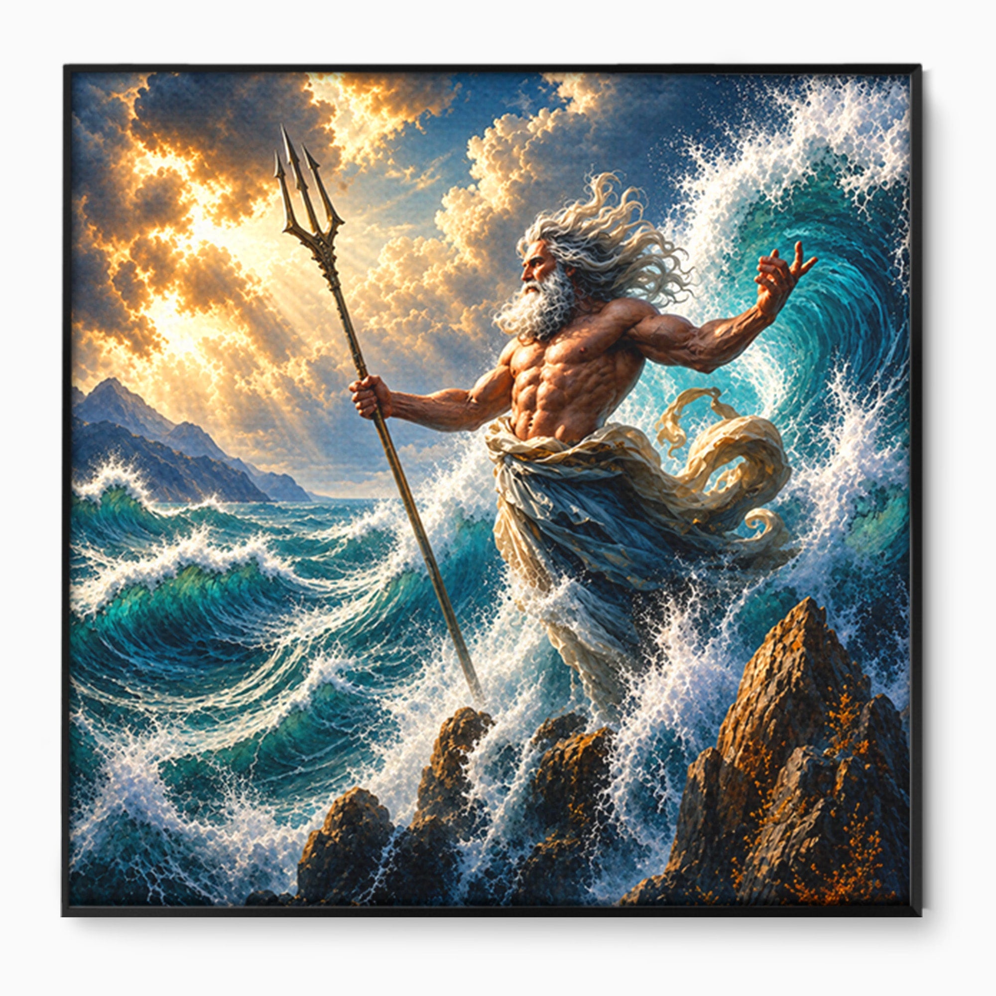 Tablou Canvas Premium LuxCanva® T1016, Poseidon Stapanul Marii, Zeitate, Mare, Valuri, Mitologie, Living, Culori Vibrante