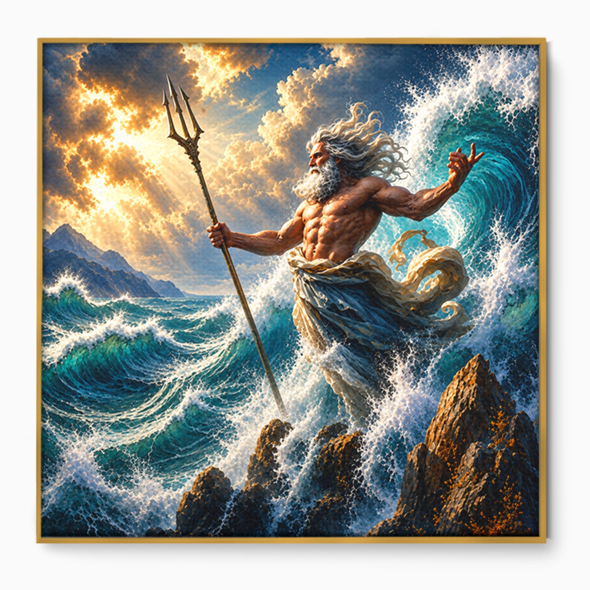 Tablou Canvas Premium LuxCanva® T1016, Poseidon Stapanul Marii, Zeitate, Mare, Valuri, Mitologie, Living, Culori Vibrante