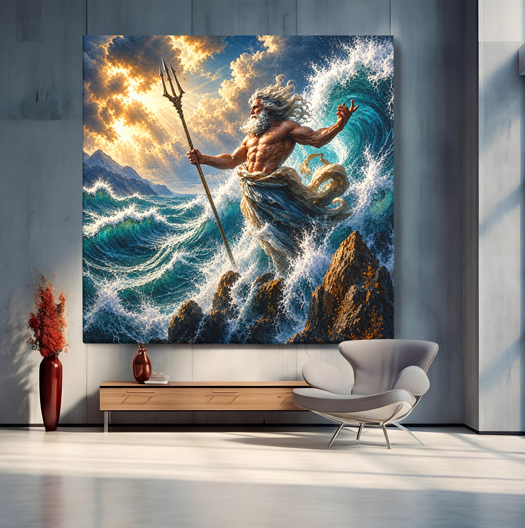 Tablou Canvas Premium LuxCanva® T1016, Poseidon Stapanul Marii, Zeitate, Mare, Valuri, Mitologie, Living, Culori Vibrante