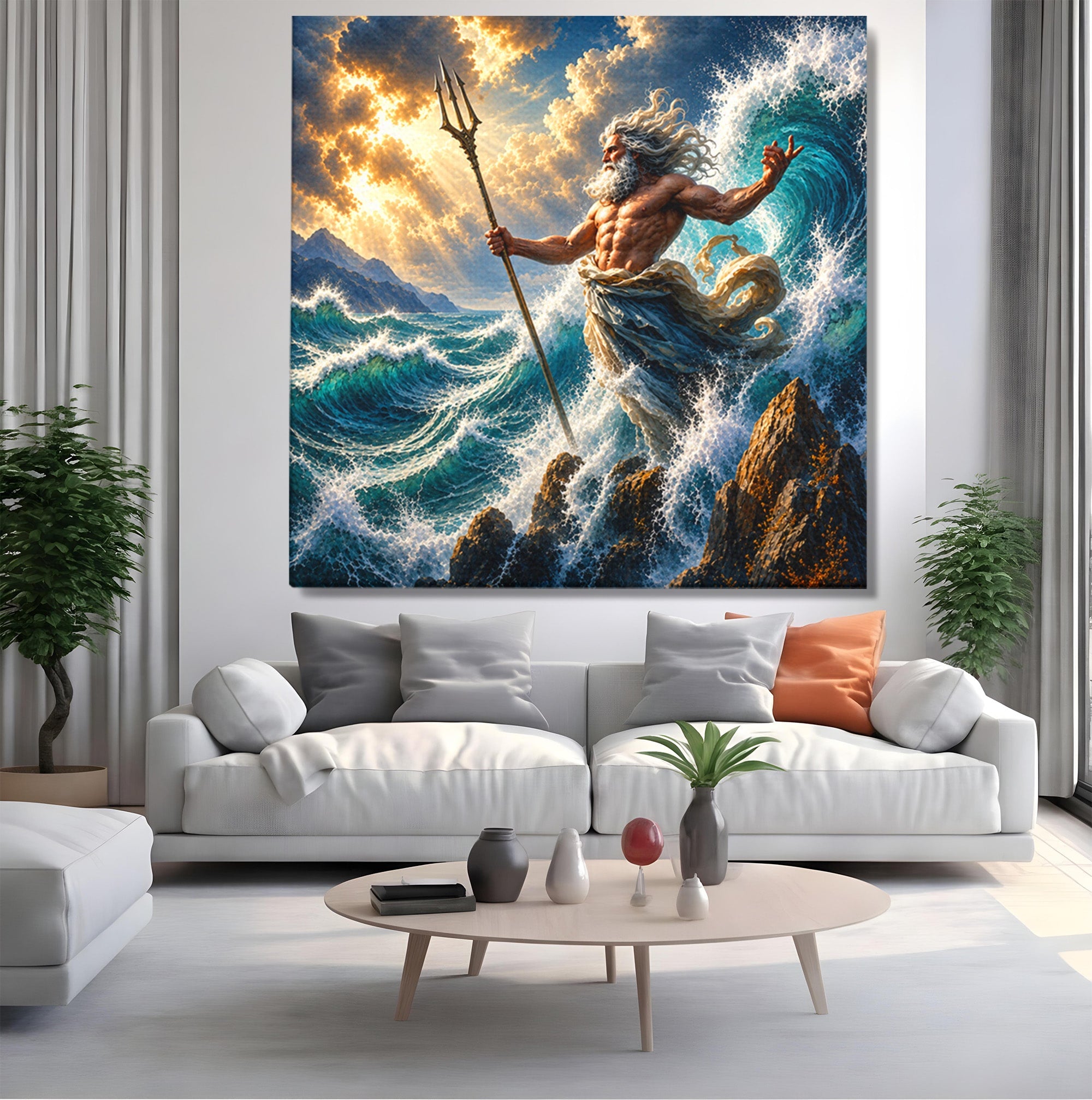 Tablou Canvas Premium LuxCanva® T1016, Poseidon Stapanul Marii, Zeitate, Mare, Valuri, Mitologie, Living, Culori Vibrante