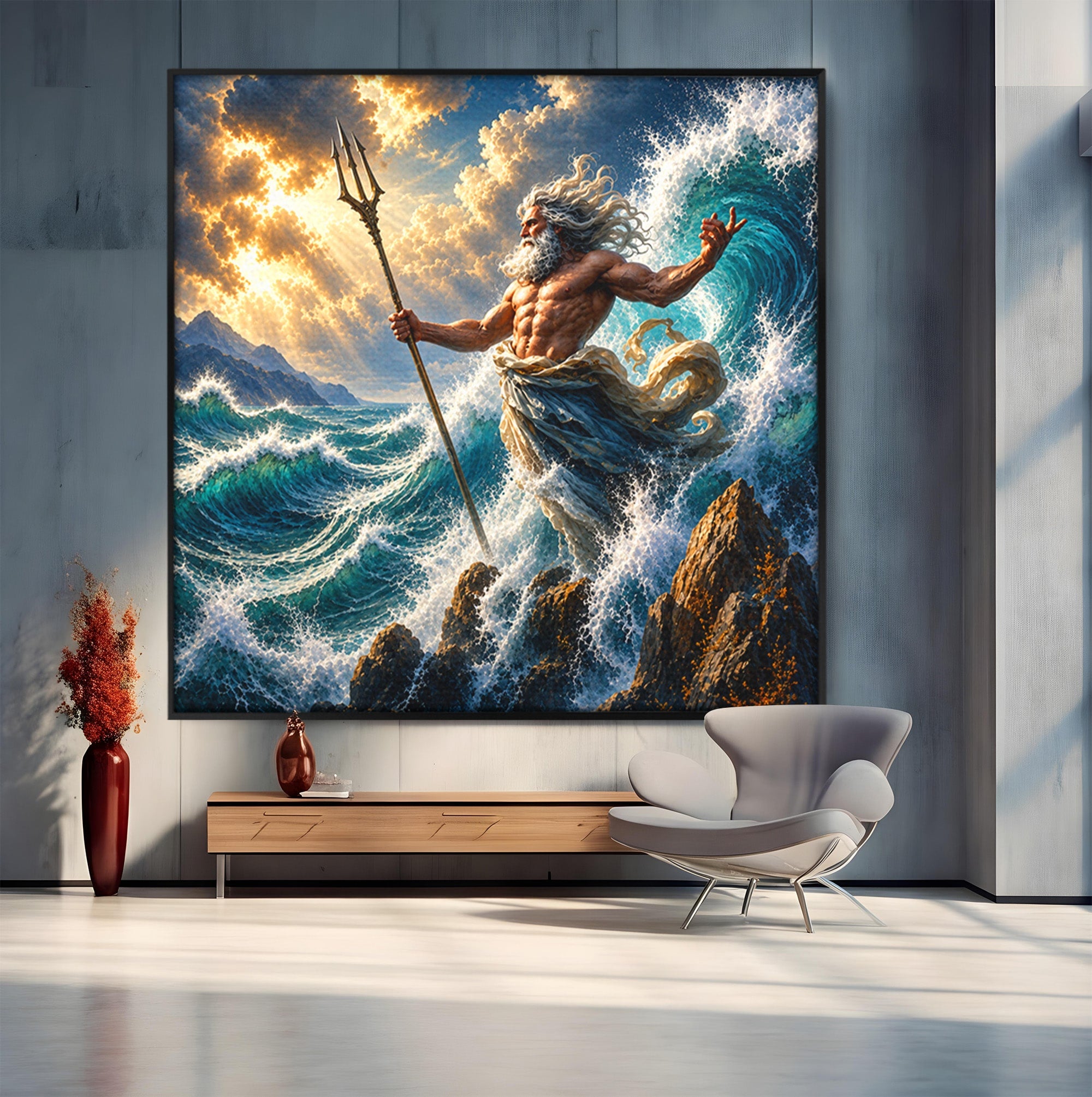 Tablou Canvas Premium LuxCanva® T1016, Poseidon Stapanul Marii, Zeitate, Mare, Valuri, Mitologie, Living, Culori Vibrante