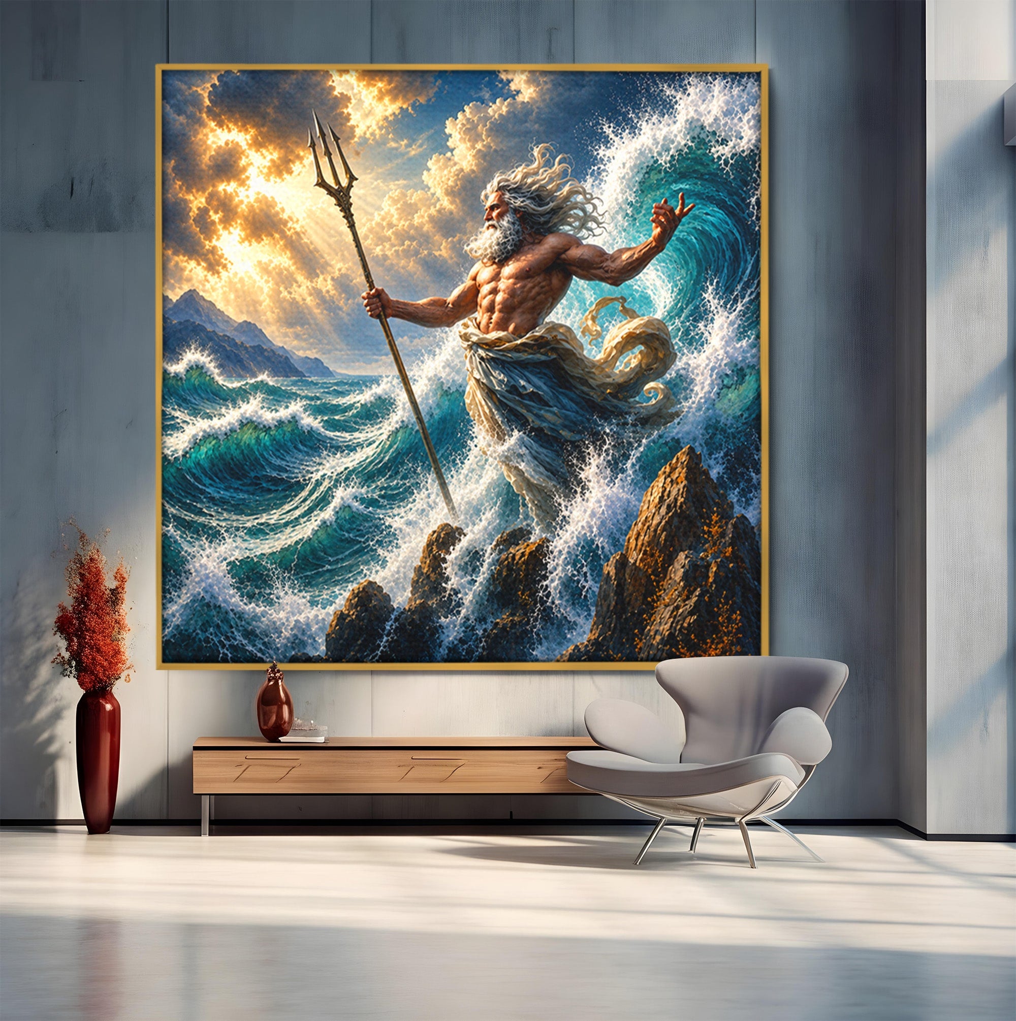 Tablou Canvas Premium LuxCanva® T1016, Poseidon Stapanul Marii, Zeitate, Mare, Valuri, Mitologie, Living, Culori Vibrante