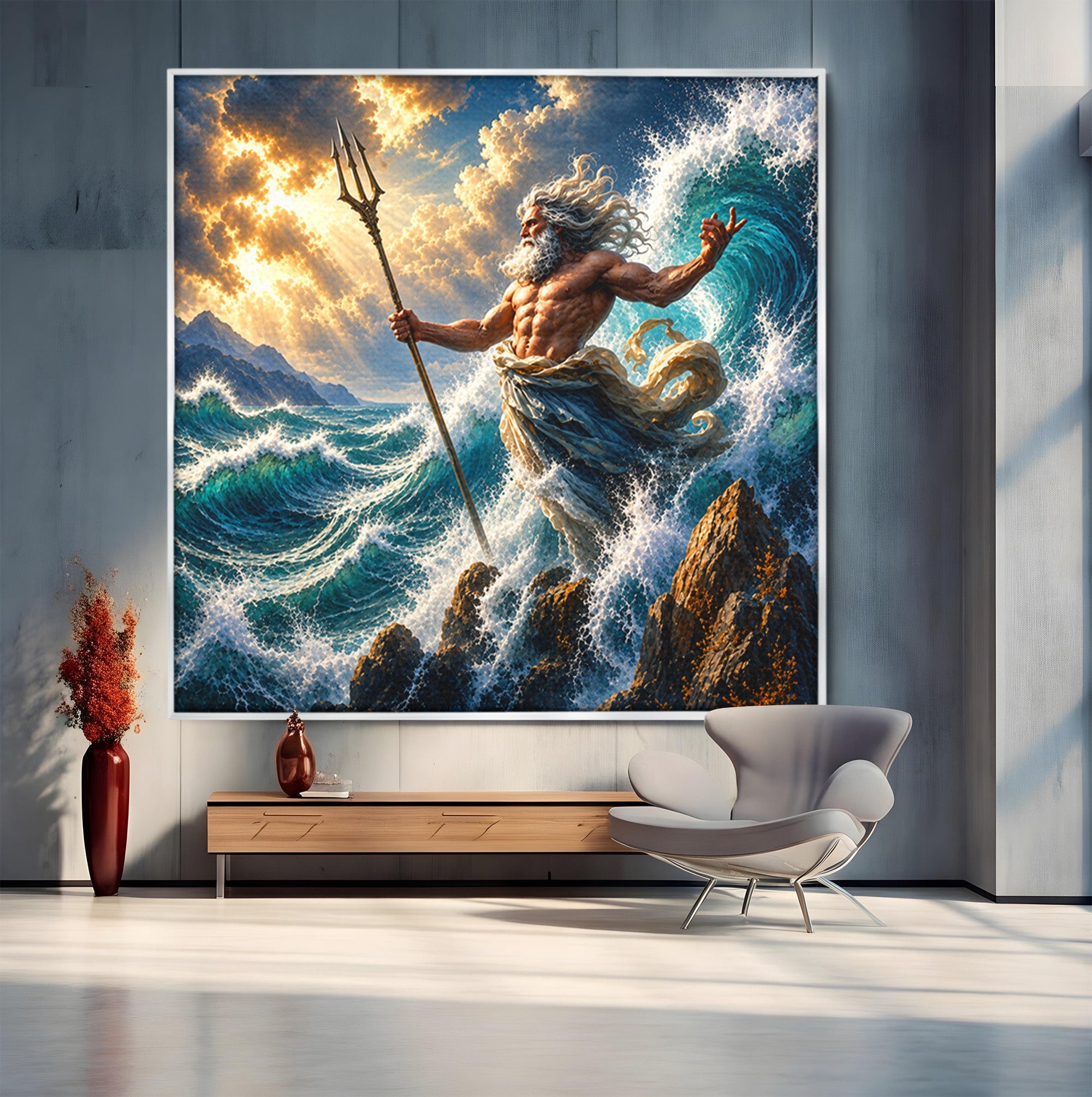 Tablou Canvas Premium LuxCanva® T1016, Poseidon Stapanul Marii, Zeitate, Mare, Valuri, Mitologie, Living, Culori Vibrante