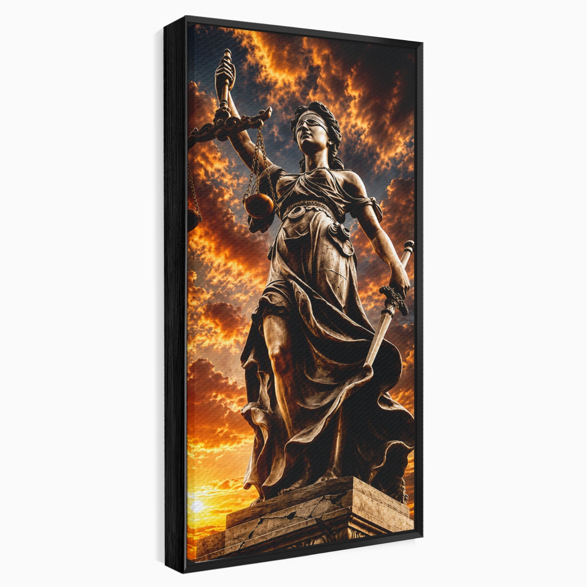 Tablou Canvas Premium LuxCanva® T1017, Apusul Zeitei Justitiei, Justitie, Statue, Apus, Dramatic, Birou, Culori Vibrante