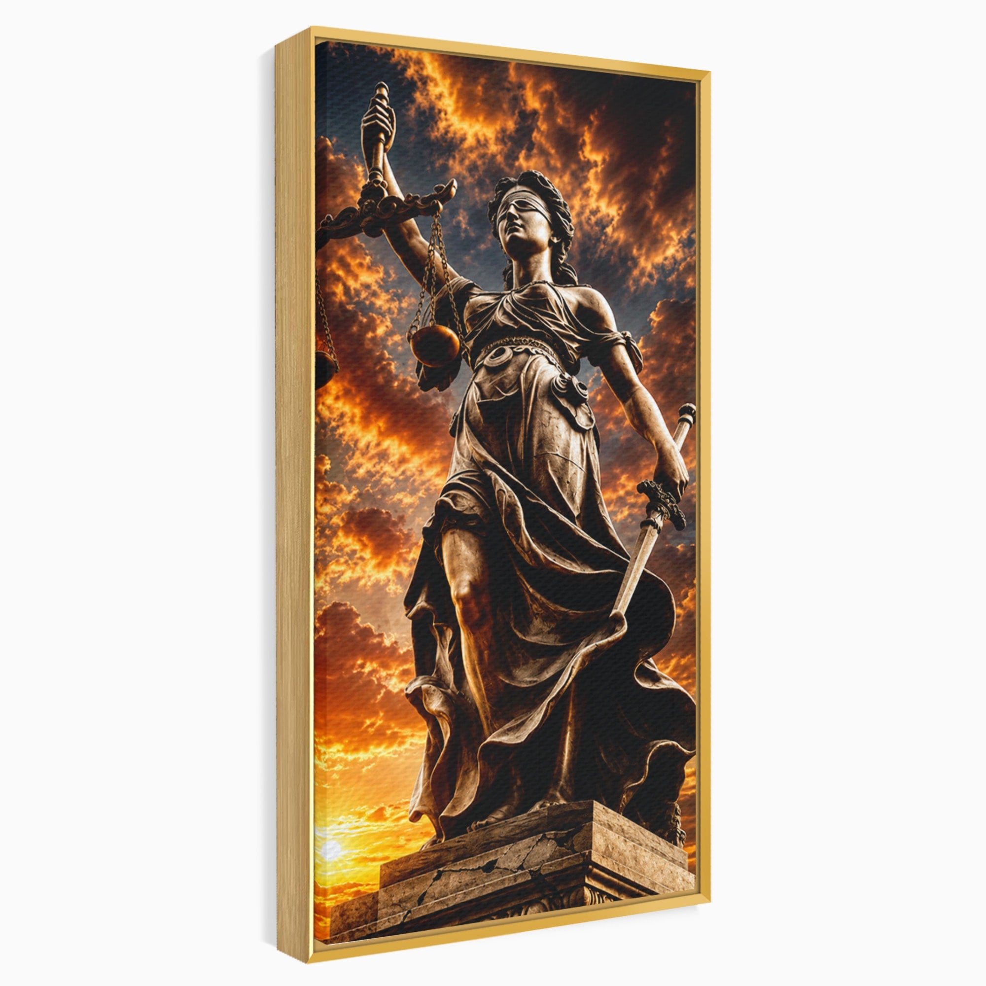 Tablou Canvas Premium LuxCanva® T1017, Apusul Zeitei Justitiei, Justitie, Statue, Apus, Dramatic, Birou, Culori Vibrante