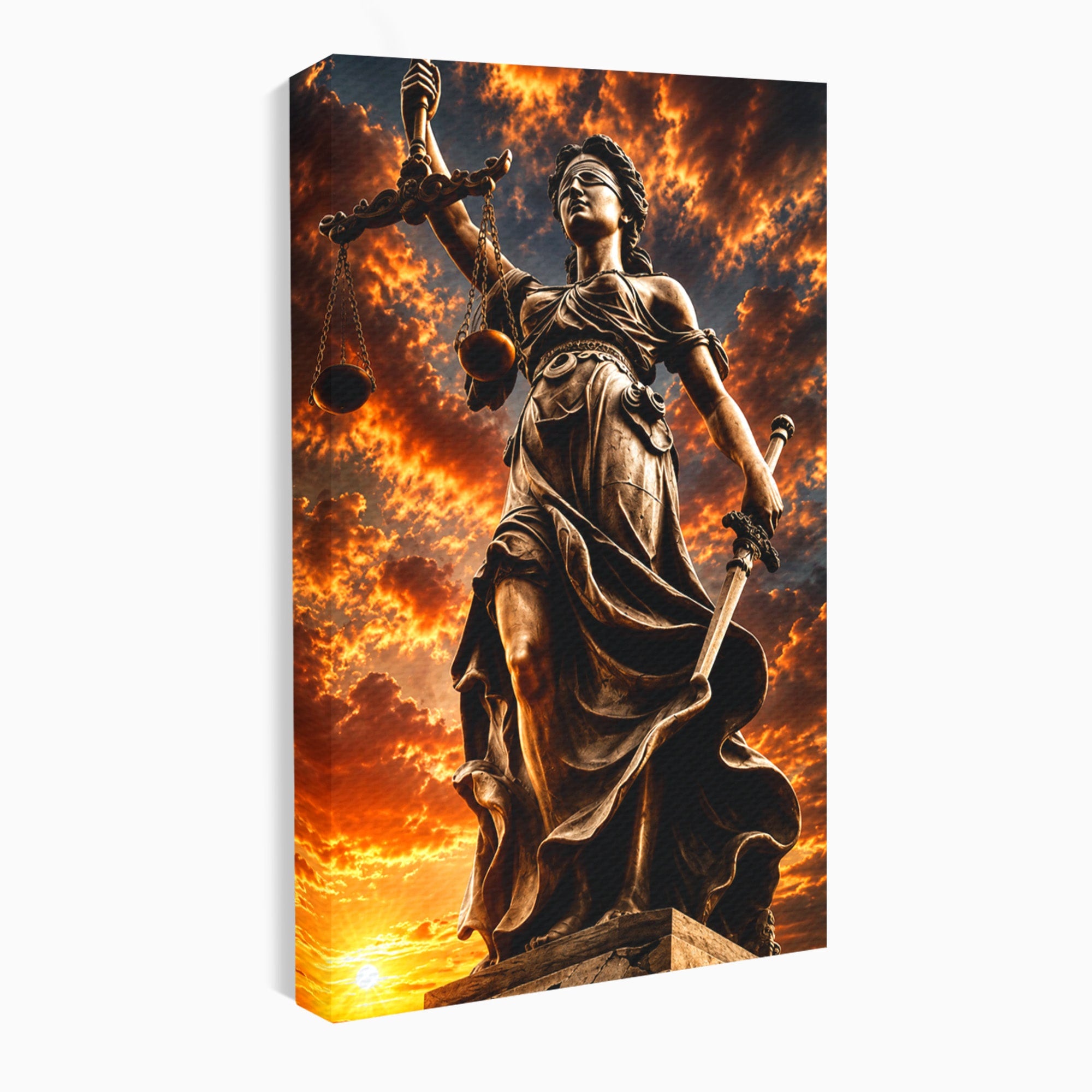 Tablou Canvas Premium LuxCanva® T1017, Apusul Zeitei Justitiei, Justitie, Statue, Apus, Dramatic, Birou, Culori Vibrante