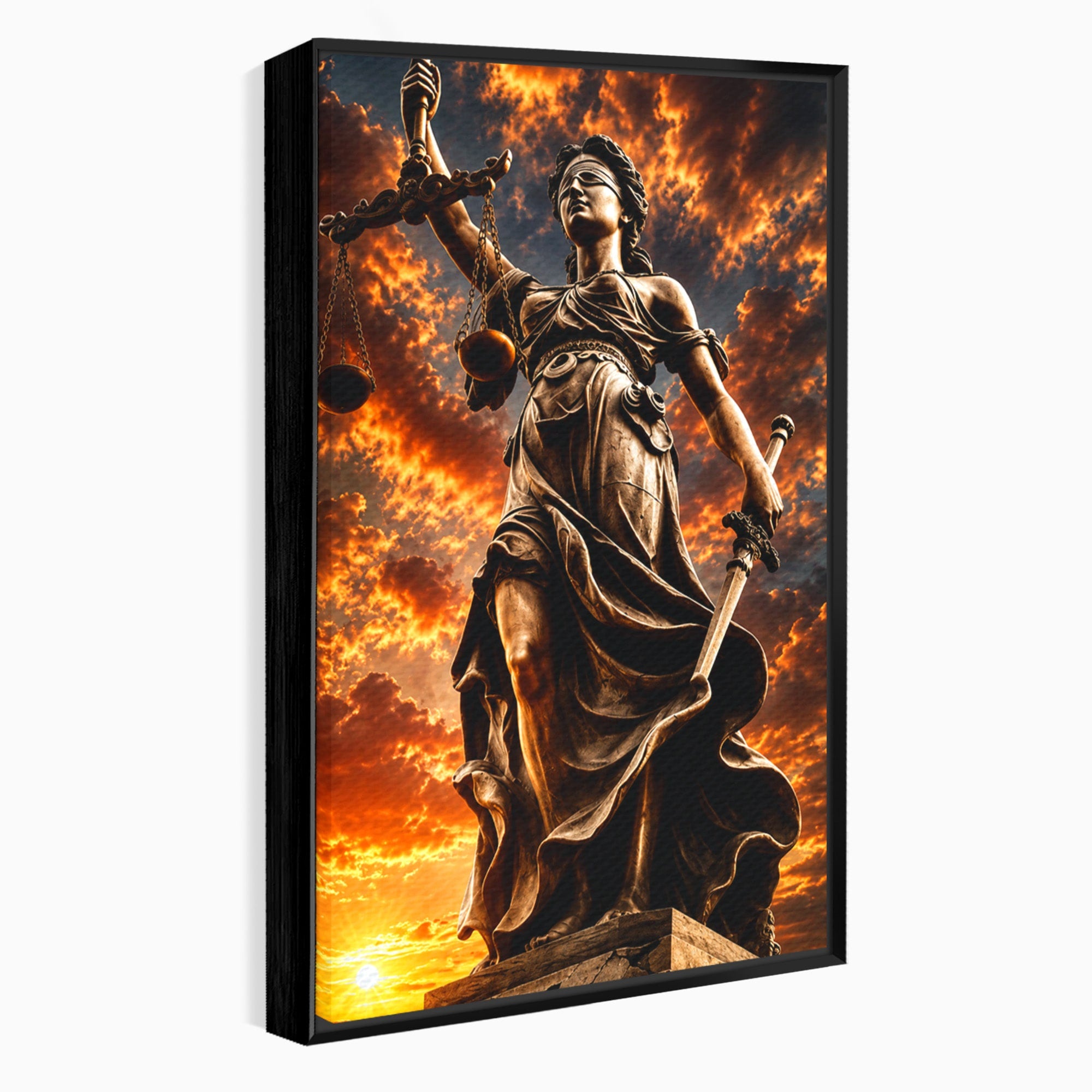 Tablou Canvas Premium LuxCanva® T1017, Apusul Zeitei Justitiei, Justitie, Statue, Apus, Dramatic, Birou, Culori Vibrante