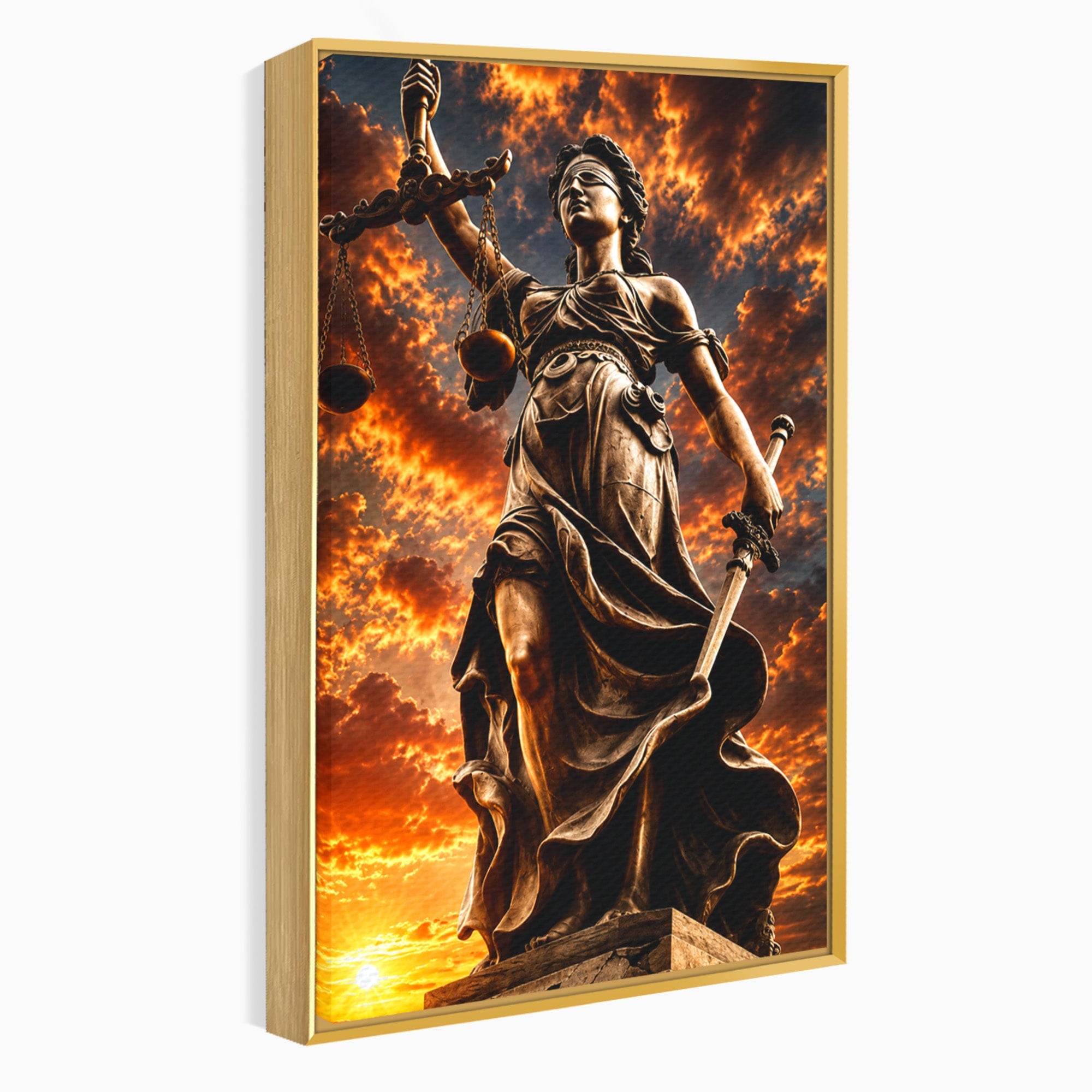 Tablou Canvas Premium LuxCanva® T1017, Apusul Zeitei Justitiei, Justitie, Statue, Apus, Dramatic, Birou, Culori Vibrante