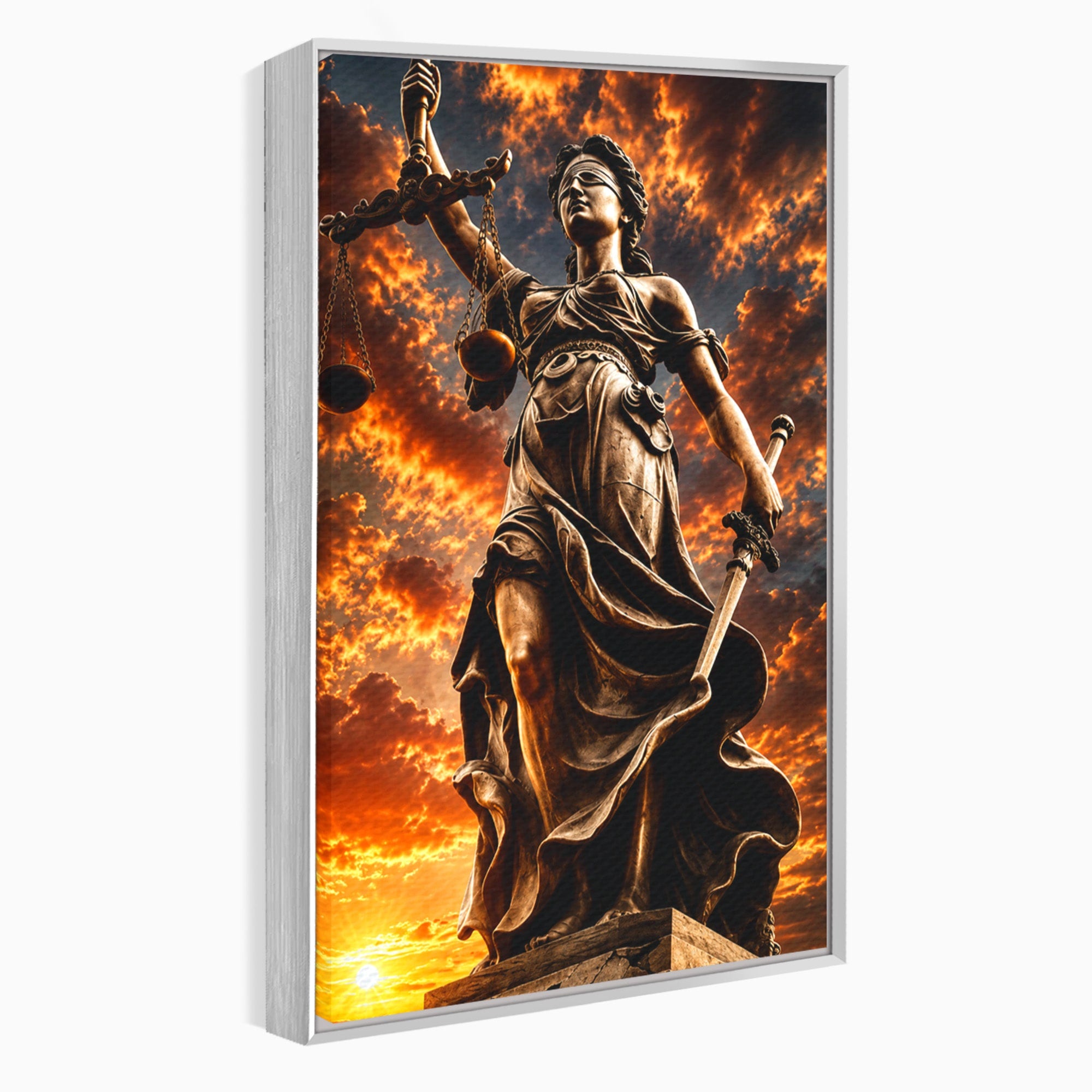 Tablou Canvas Premium LuxCanva® T1017, Apusul Zeitei Justitiei, Justitie, Statue, Apus, Dramatic, Birou, Culori Vibrante